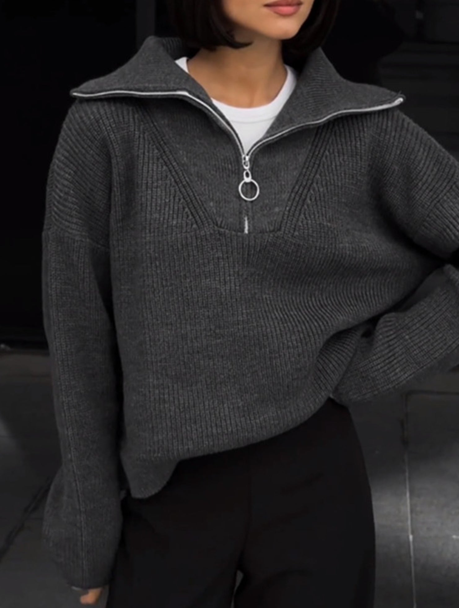 Retro loose collared zip-up pullover knit sweater