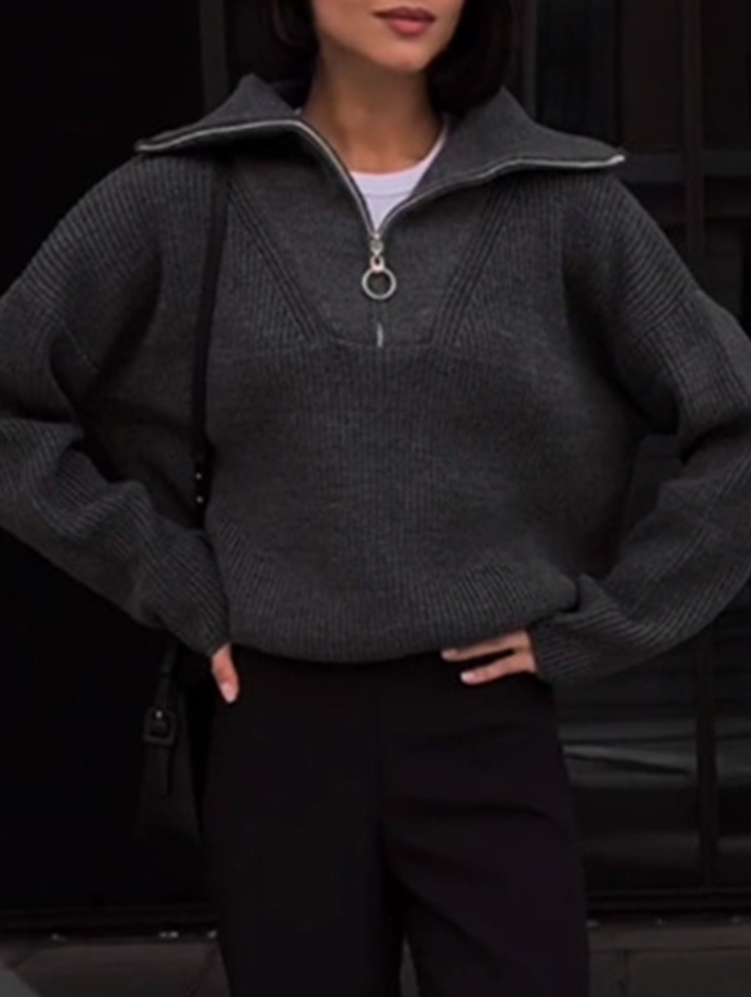 Retro loose collared zip-up pullover knit sweater