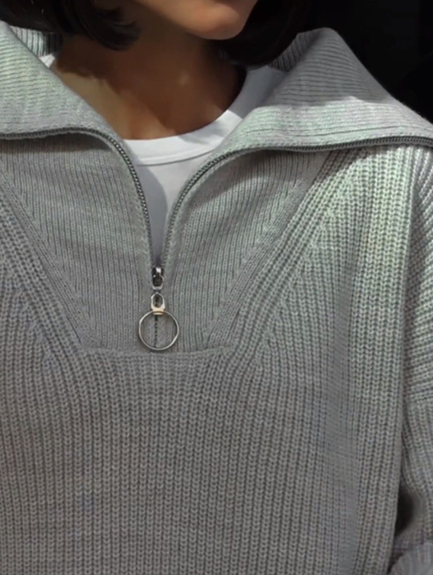 Retro loose collared zip-up pullover knit sweater