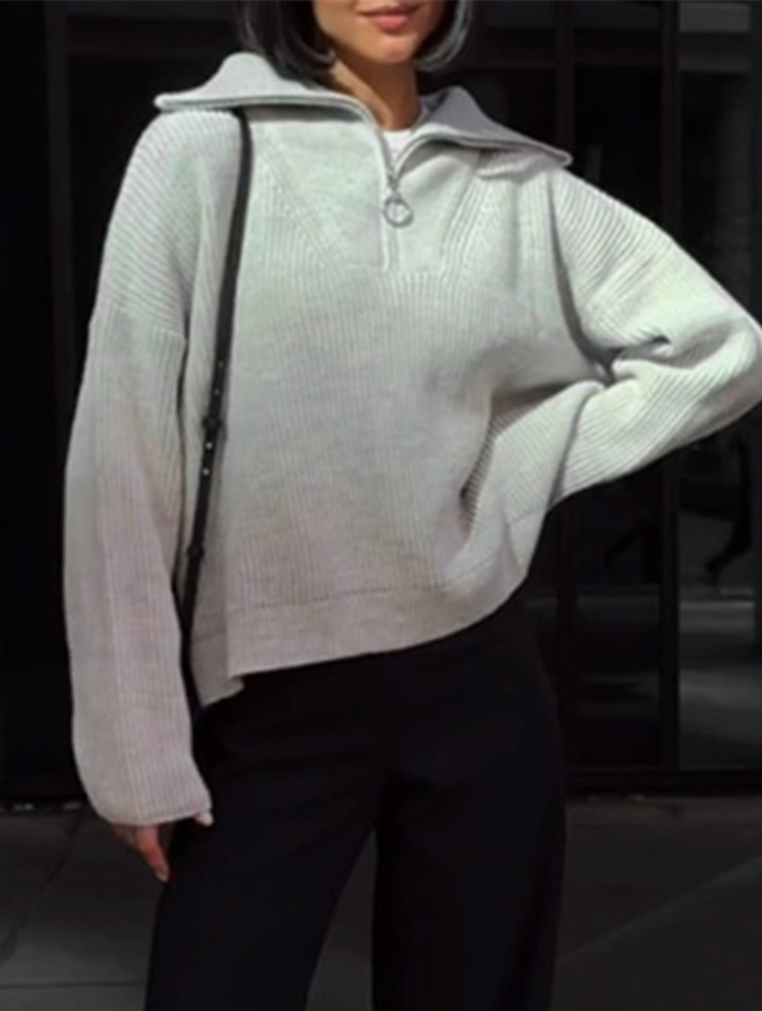 Retro loose collared zip-up pullover knit sweater