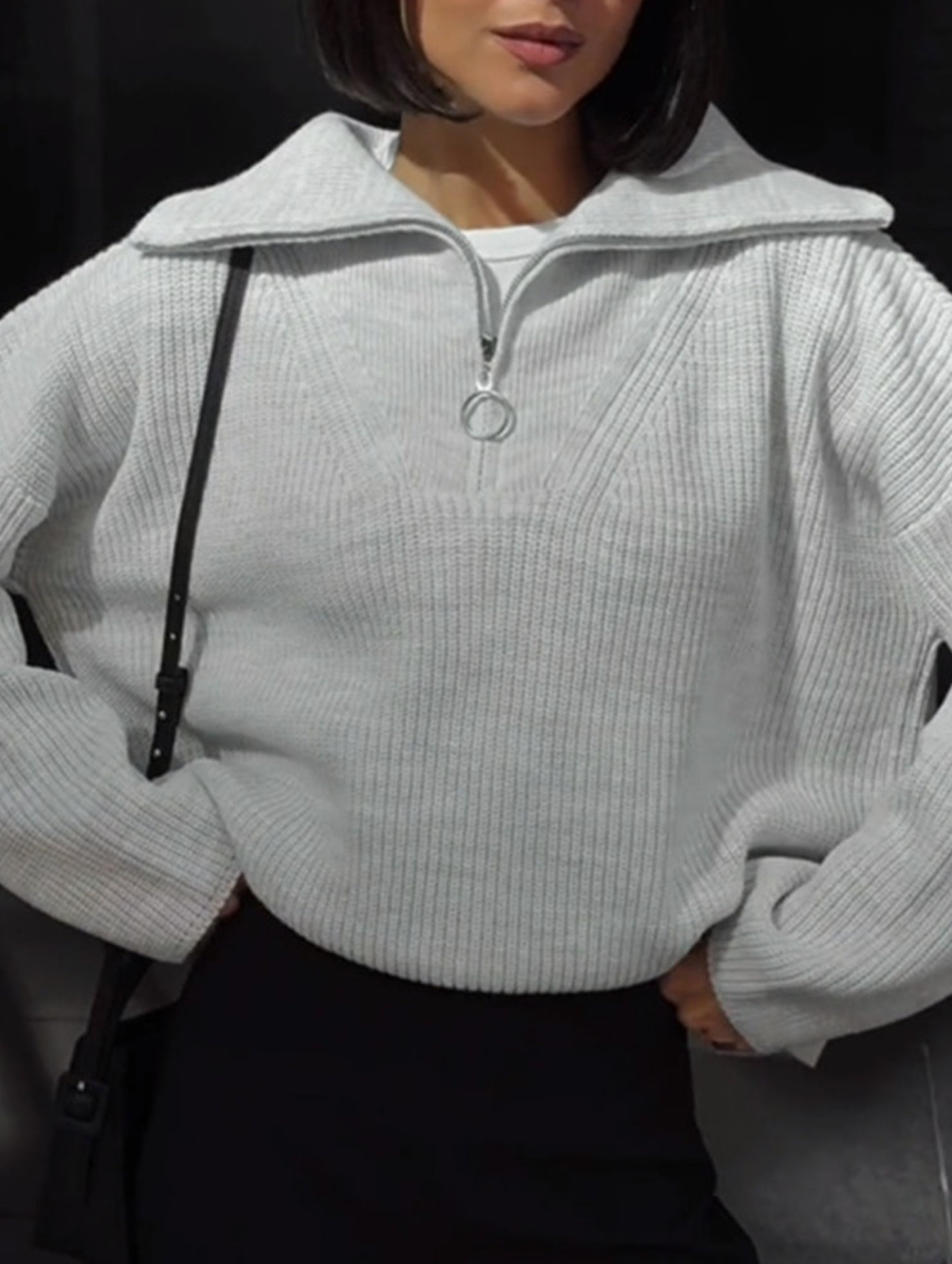 Retro loose collared zip-up pullover knit sweater