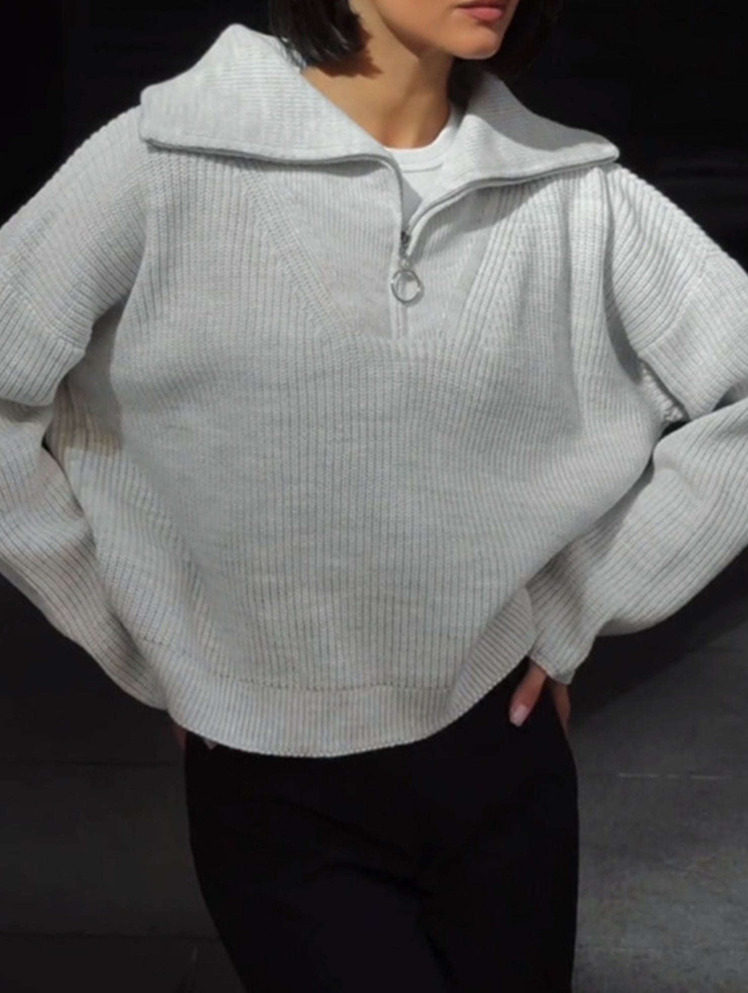 Retro loose collared zip-up pullover knit sweater