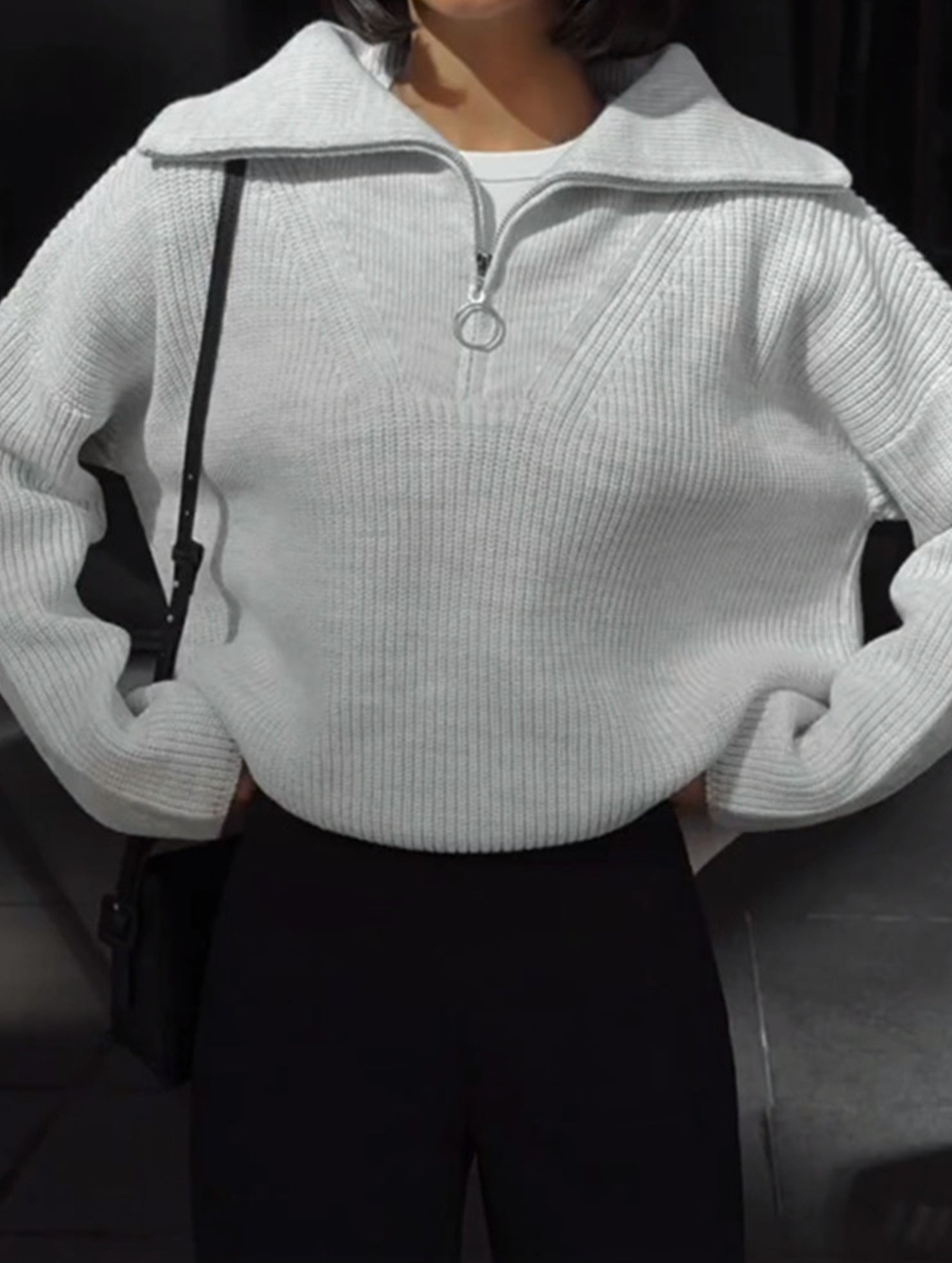 Retro loose collared zip-up pullover knit sweater
