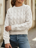 Solid color cable knit crew neck pullover sweater