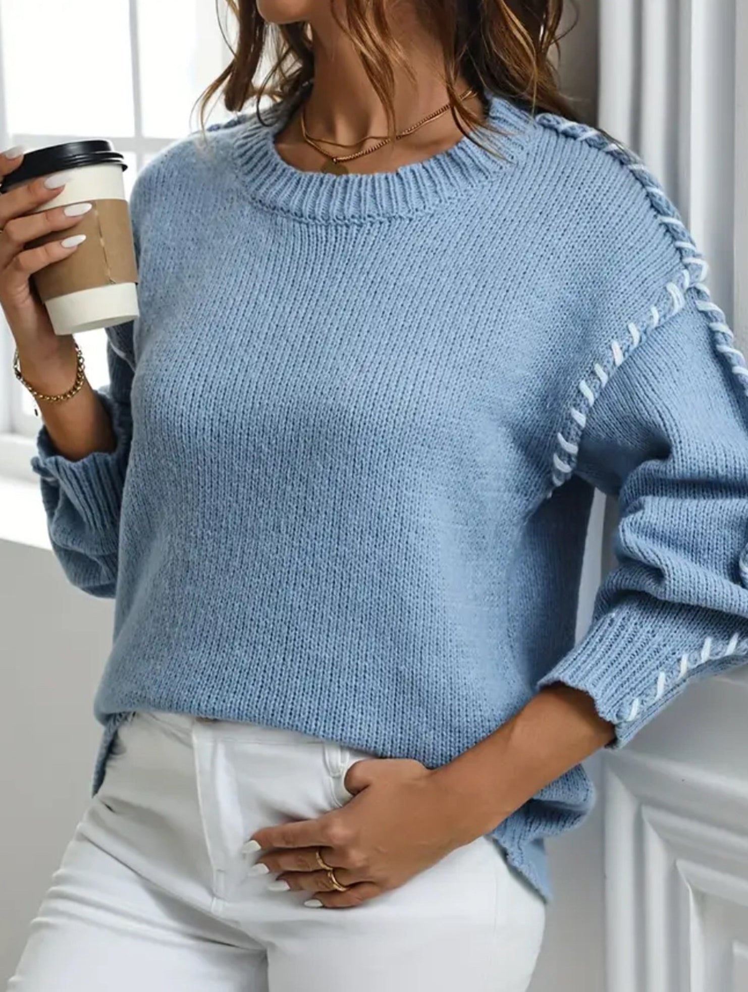 Crew neck color-blocked loose knit sweater