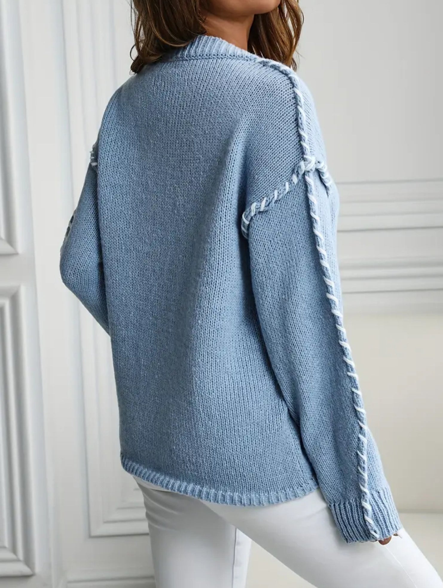 Crew neck color-blocked loose knit sweater