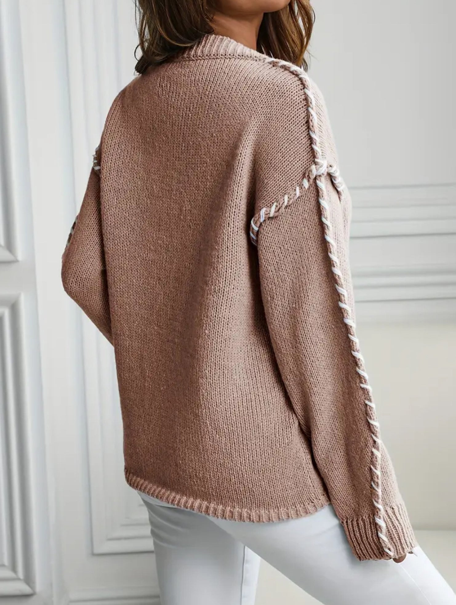 Crew neck color-blocked loose knit sweater
