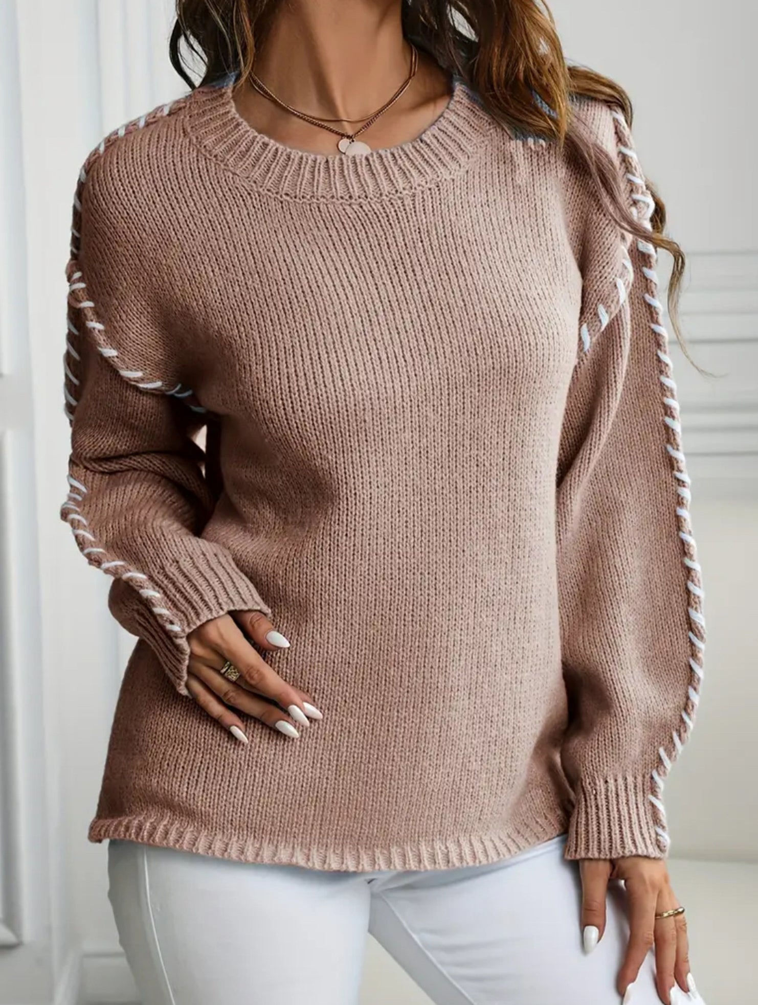 Crew neck color-blocked loose knit sweater