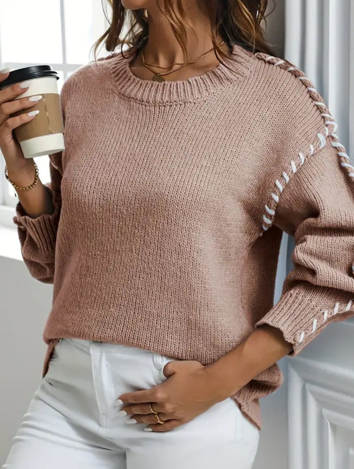 Crew neck color-blocked loose knit sweater