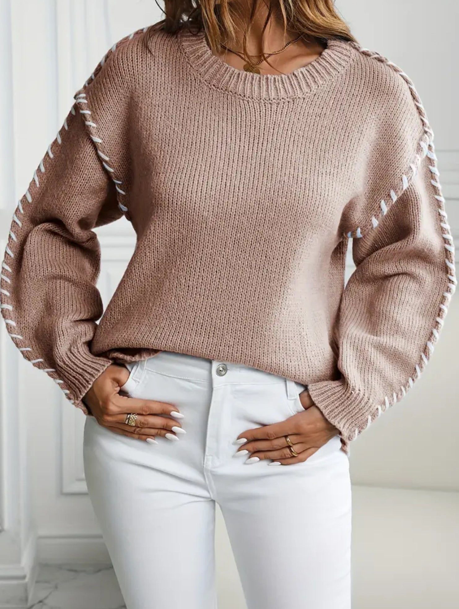 Crew neck color-blocked loose knit sweater