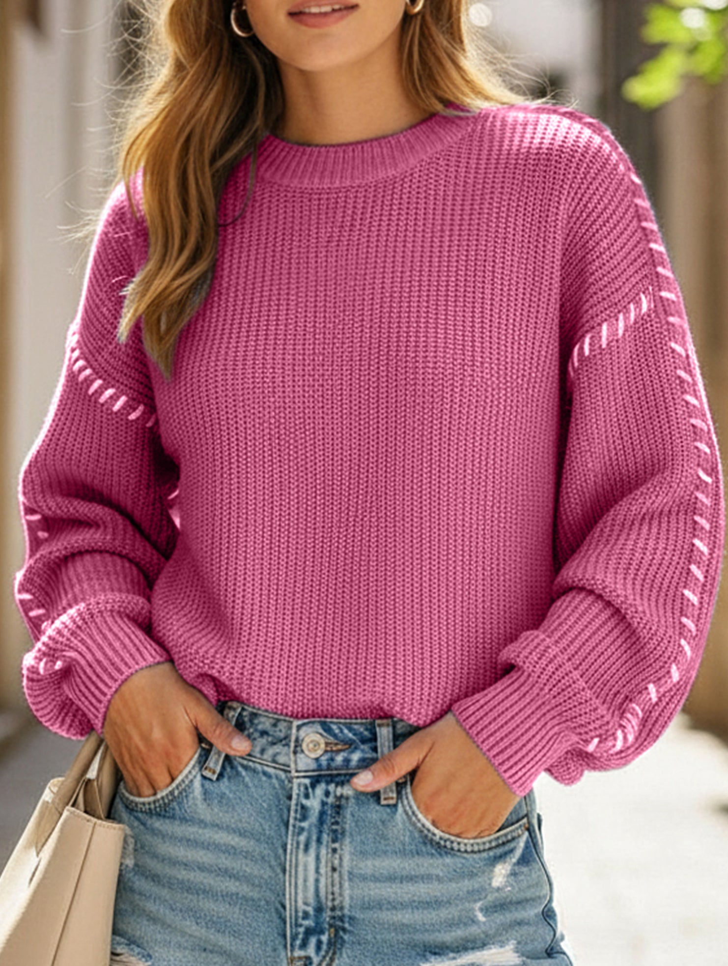 Crew neck color-blocked loose knit sweater