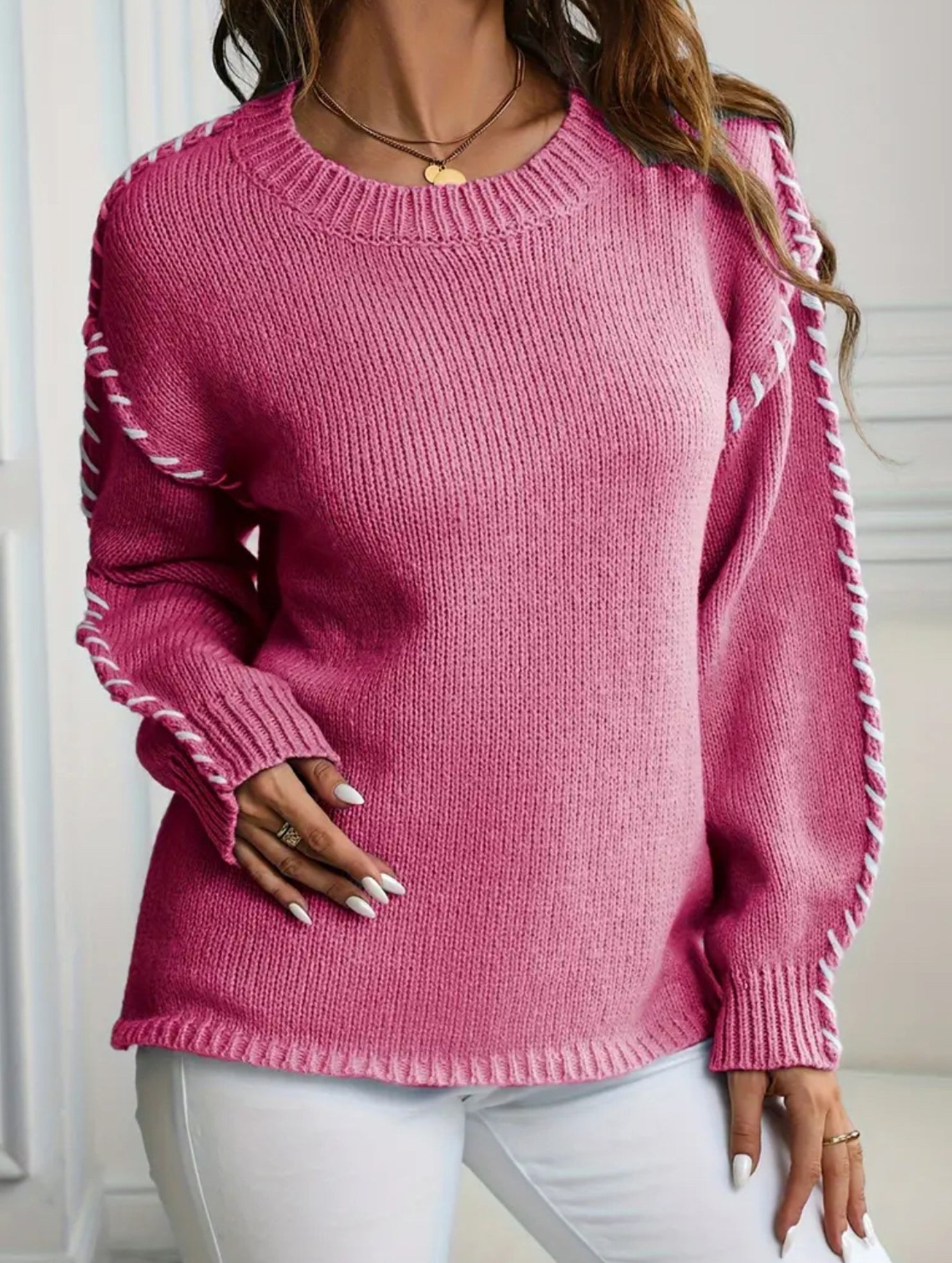 Crew neck color-blocked loose knit sweater