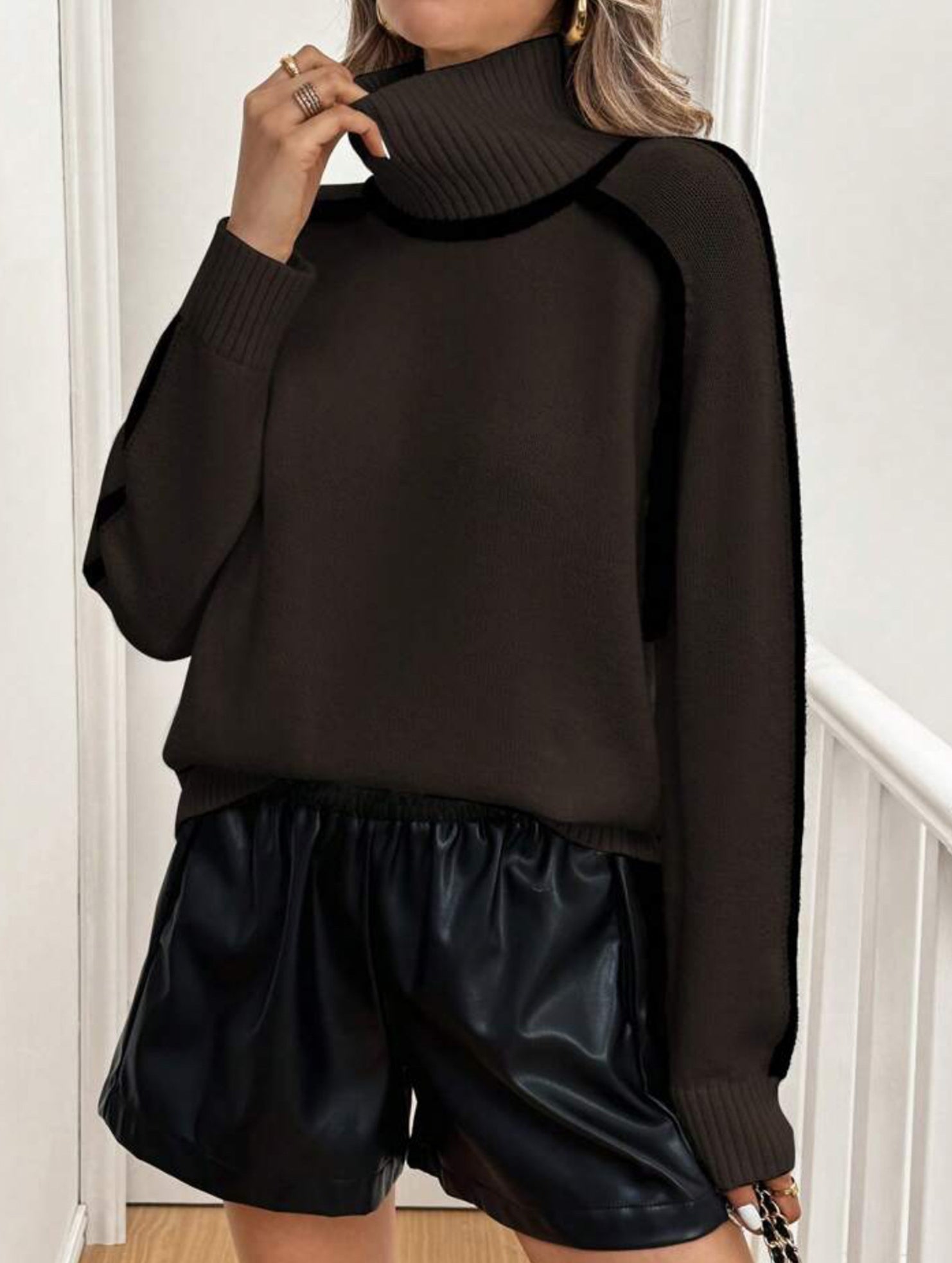 High-neck striped loose-fitting pullover sweater