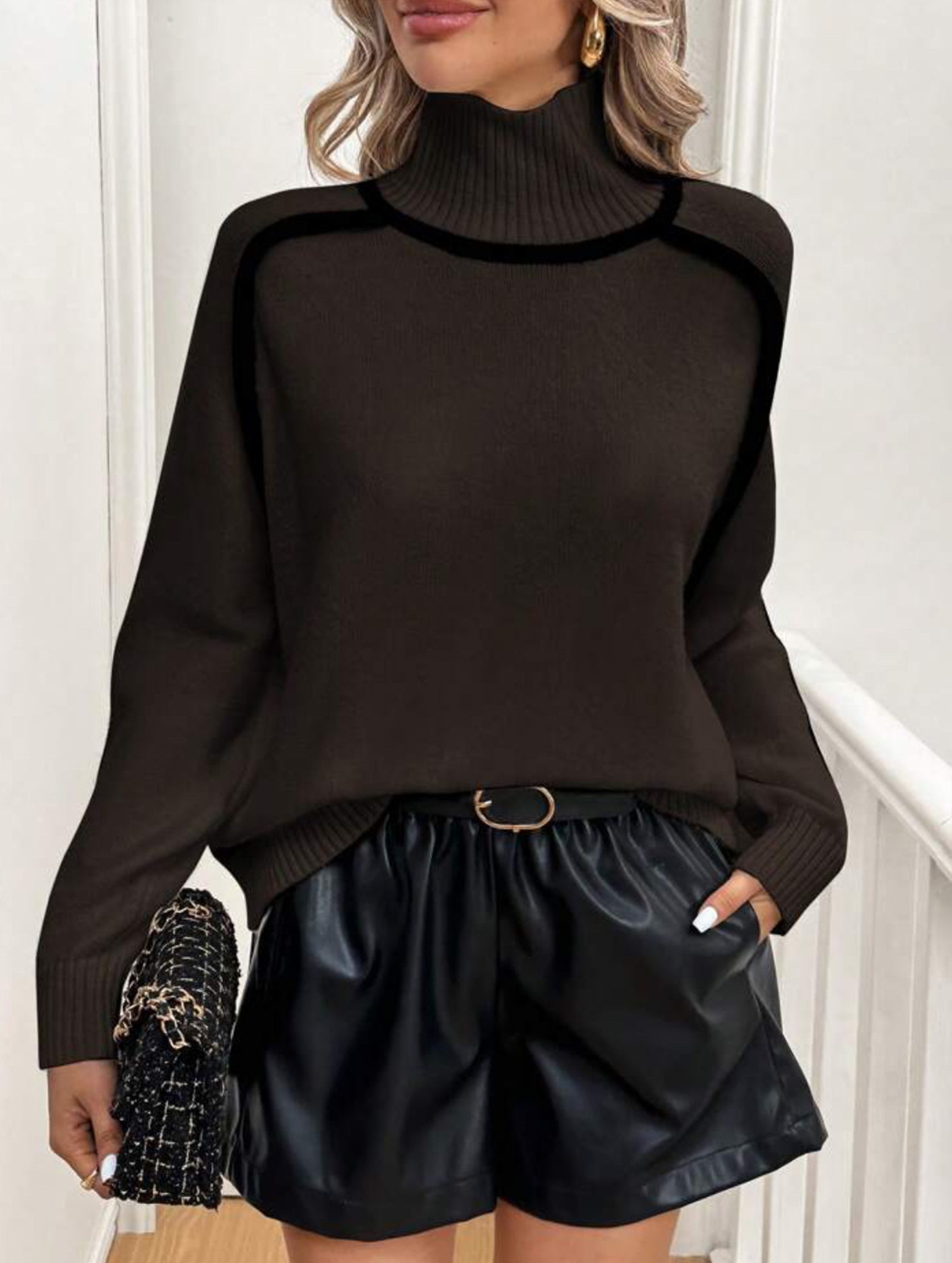 High-neck striped loose-fitting pullover sweater