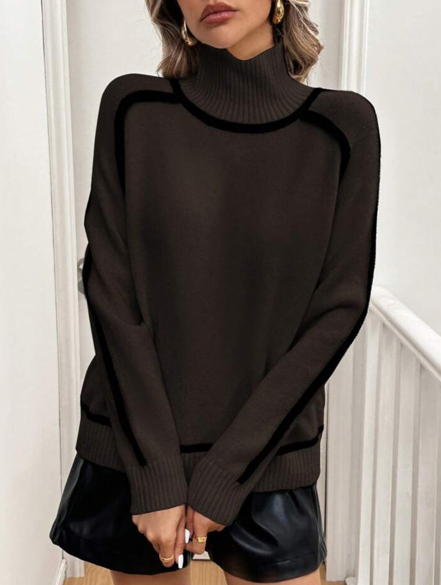 High-neck striped loose-fitting pullover sweater