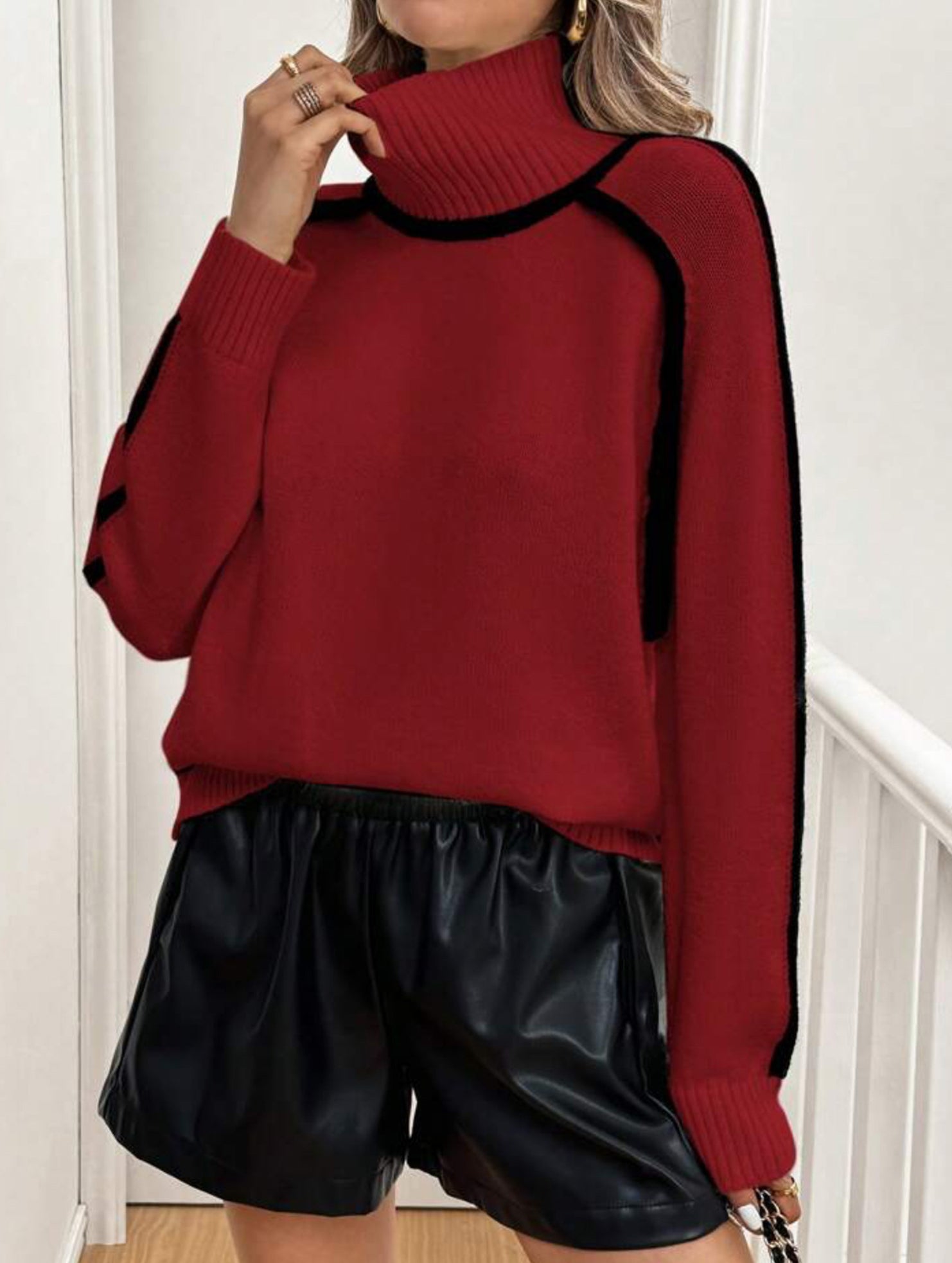 High-neck striped loose-fitting pullover sweater