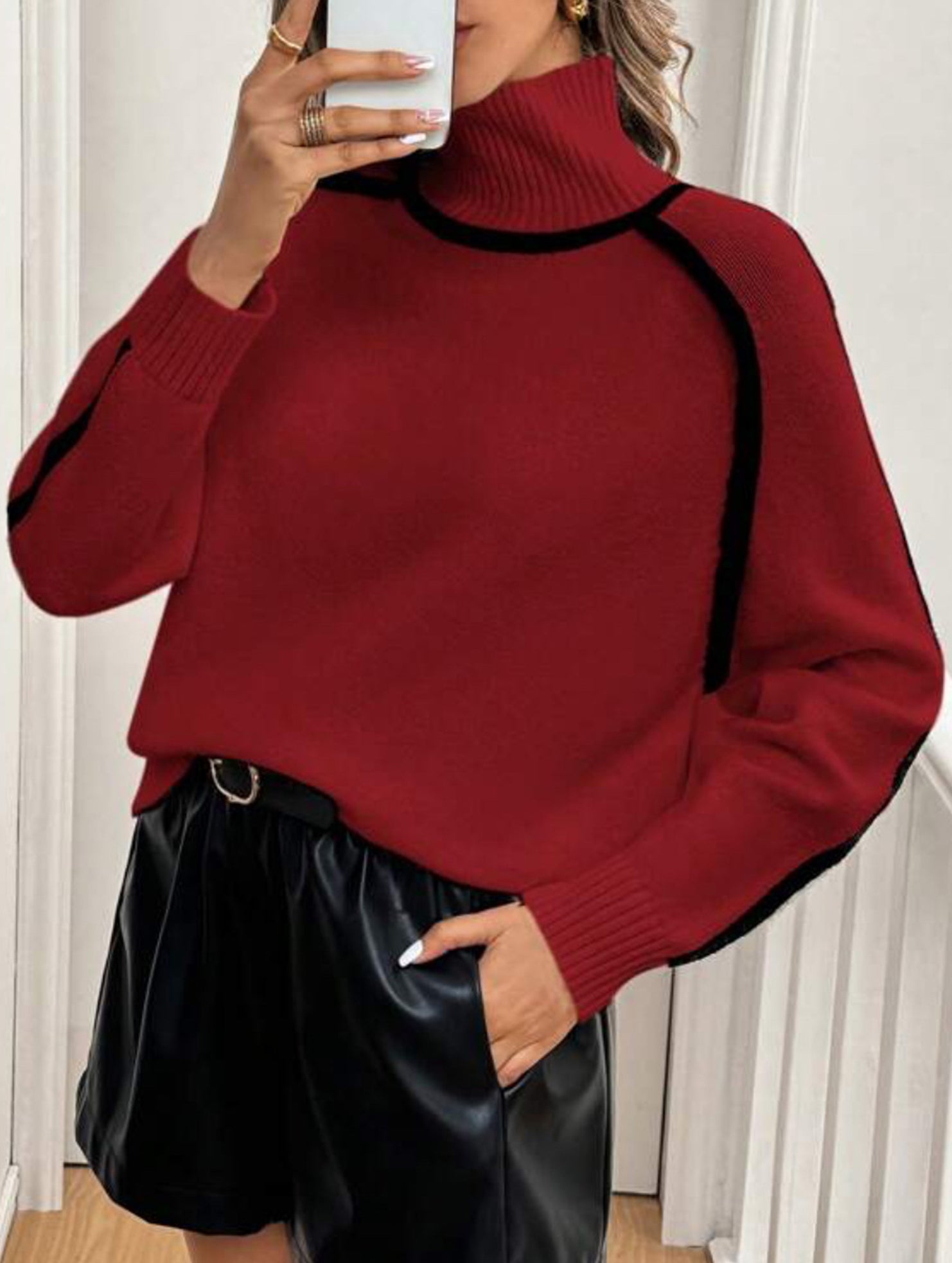 High-neck striped loose-fitting pullover sweater