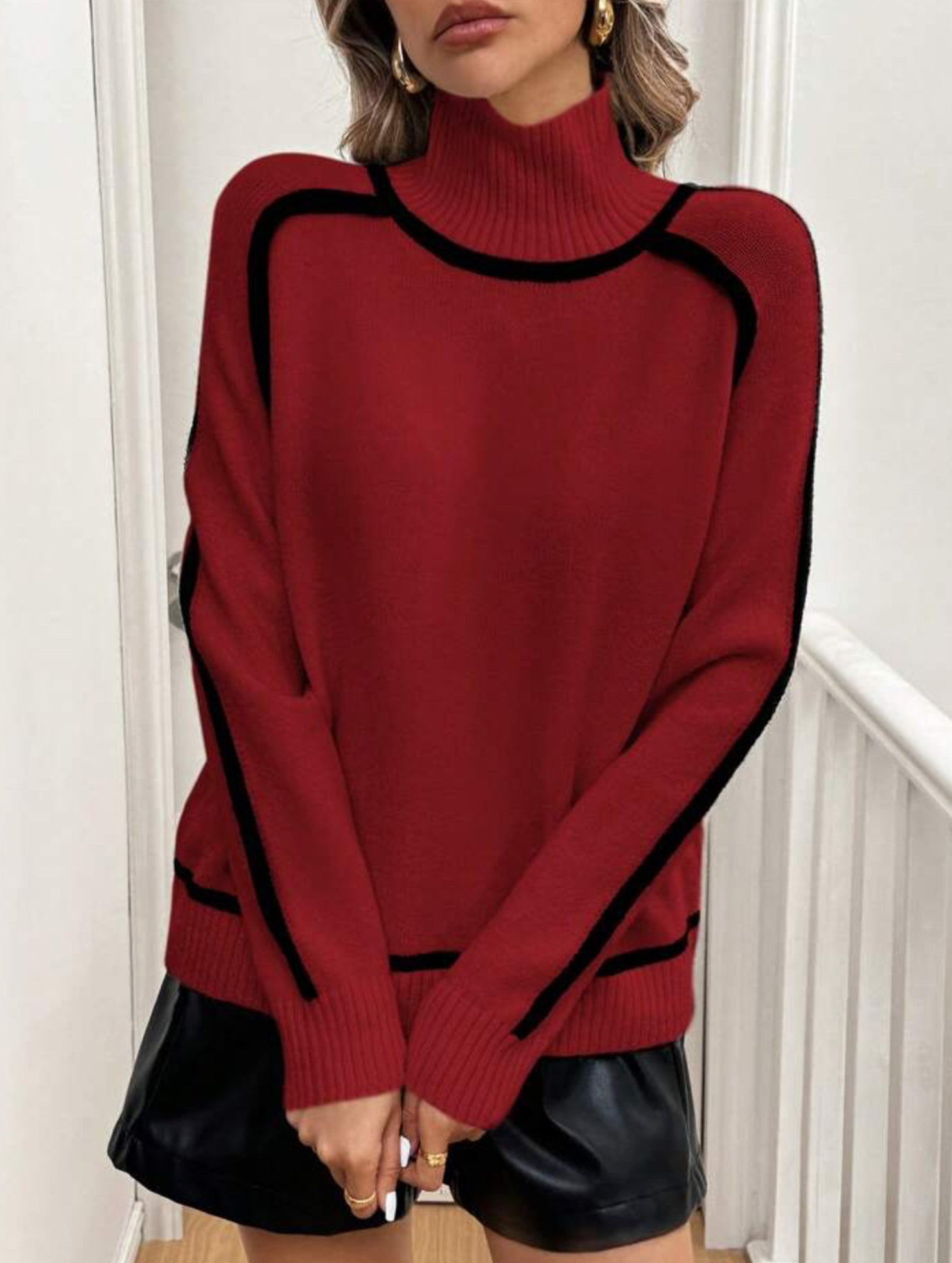 High-neck striped loose-fitting pullover sweater
