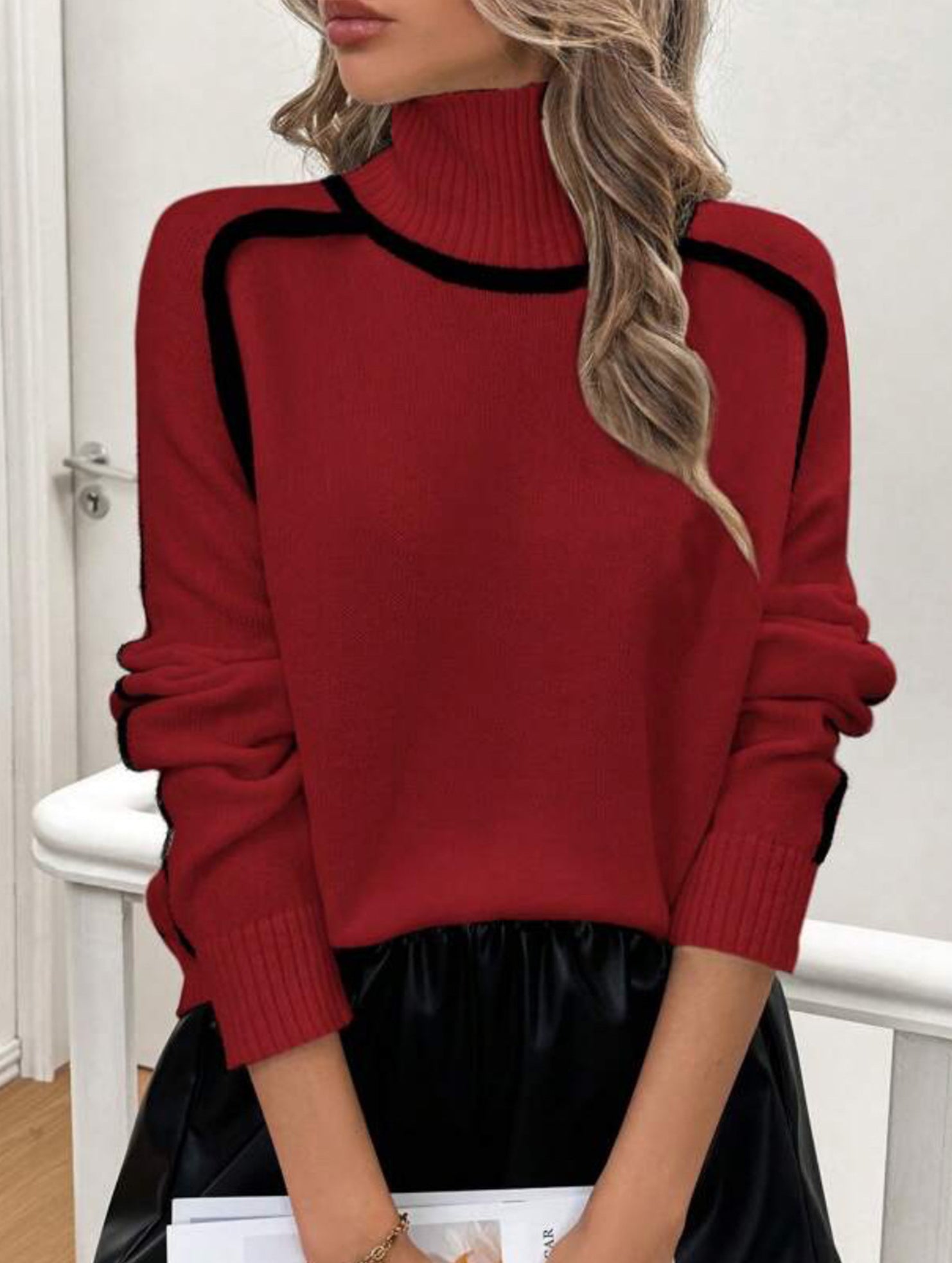 High-neck striped loose-fitting pullover sweater