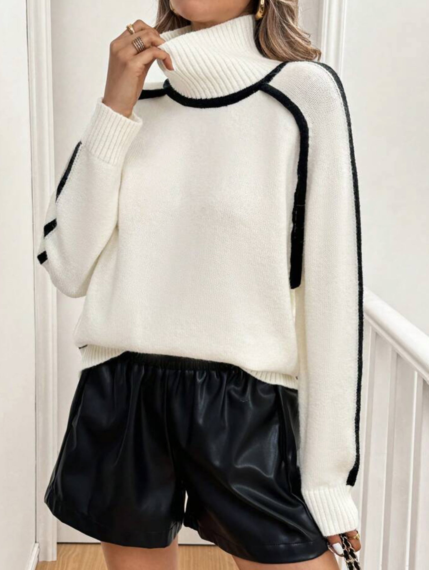 High-neck striped loose-fitting pullover sweater