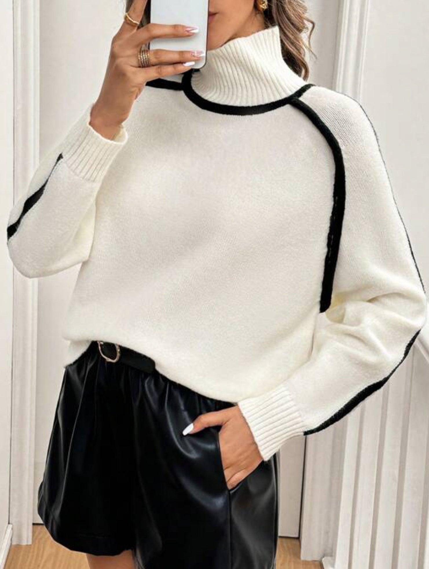 High-neck striped loose-fitting pullover sweater