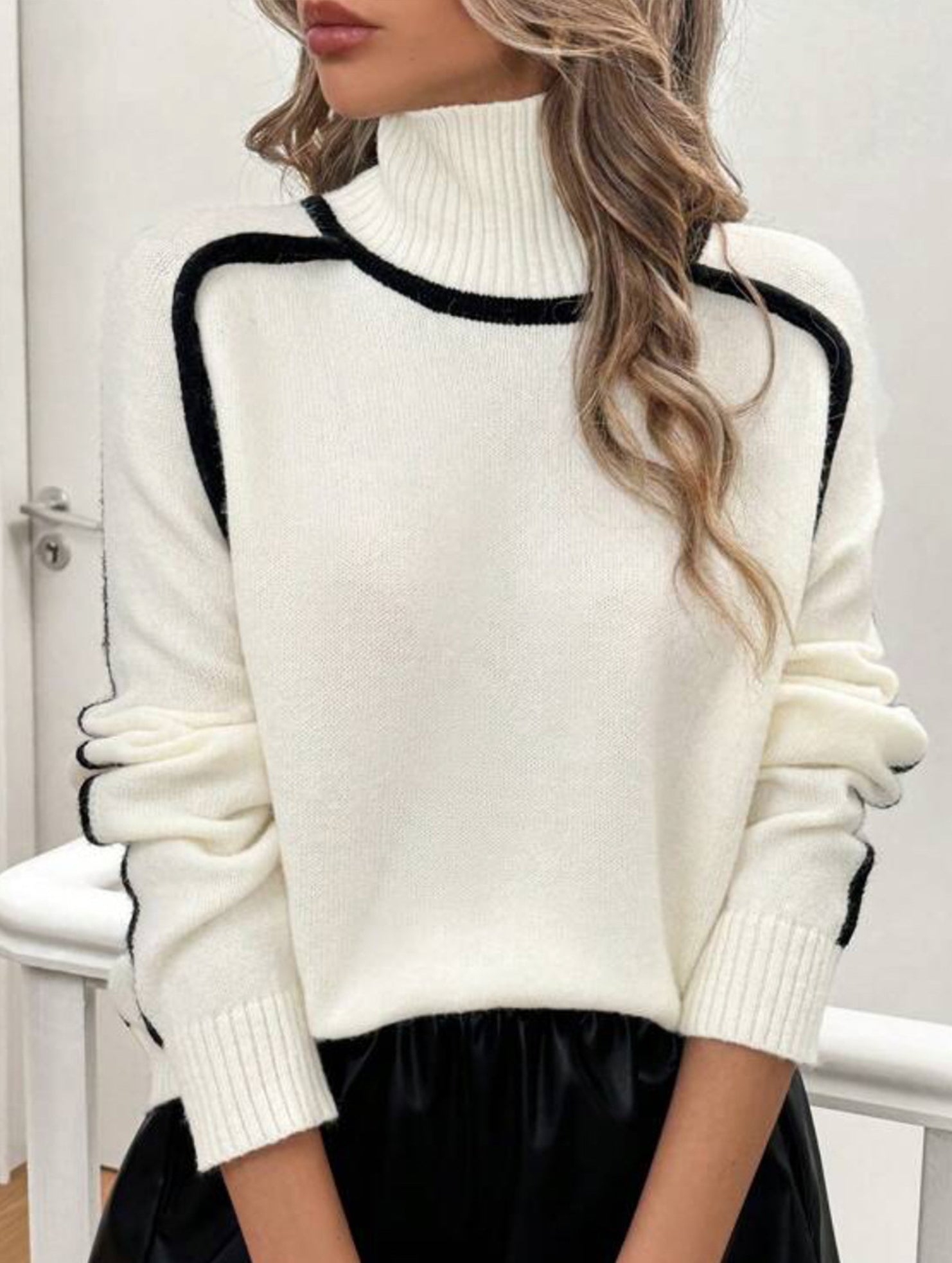 High-neck striped loose-fitting pullover sweater
