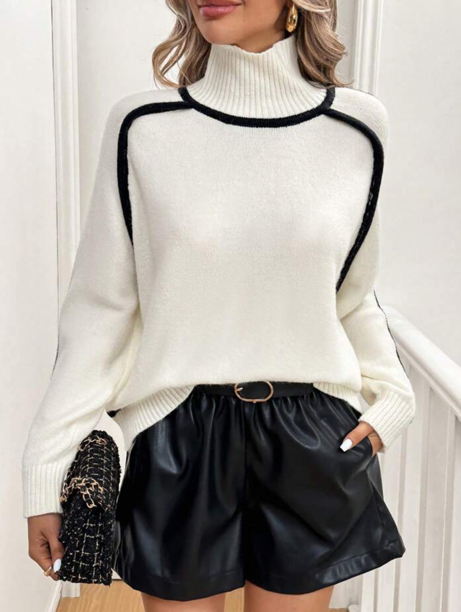 High-neck striped loose-fitting pullover sweater