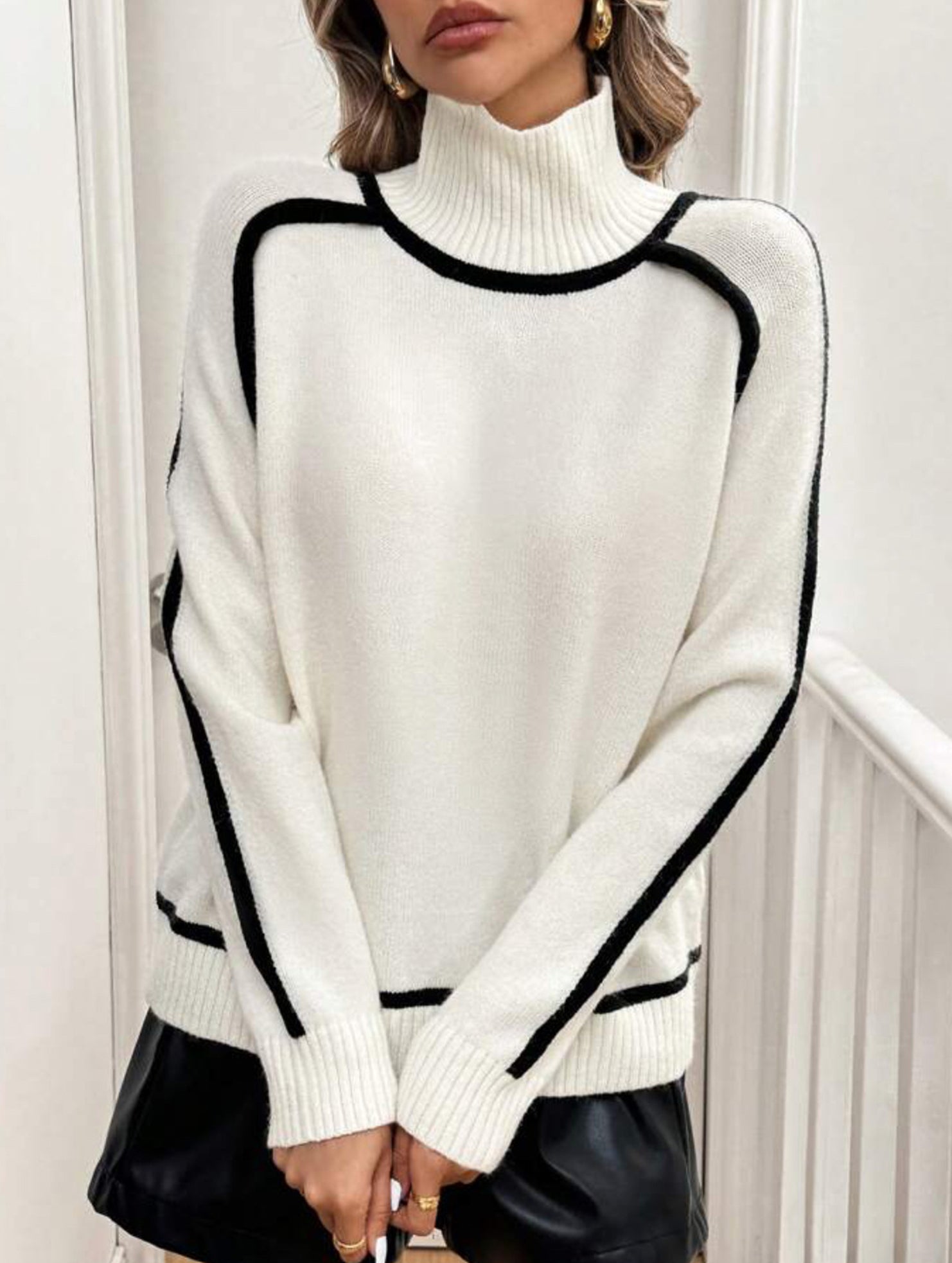 High-neck striped loose-fitting pullover sweater