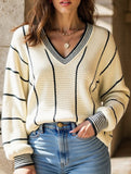 V-neck color-blocked striped pullover sweater
