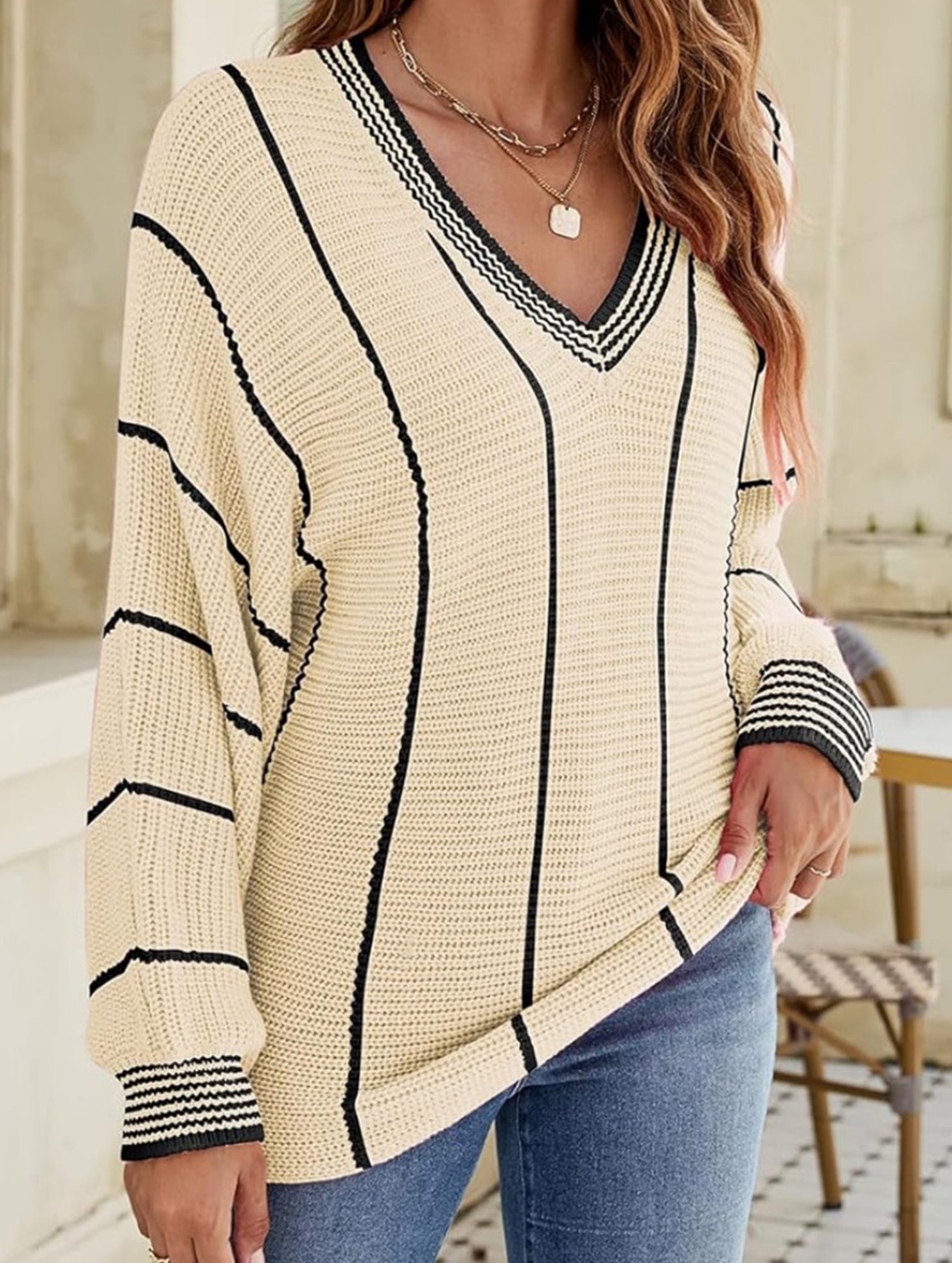 V-neck color-blocked striped pullover sweater