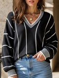 V-neck color-blocked striped pullover sweater
