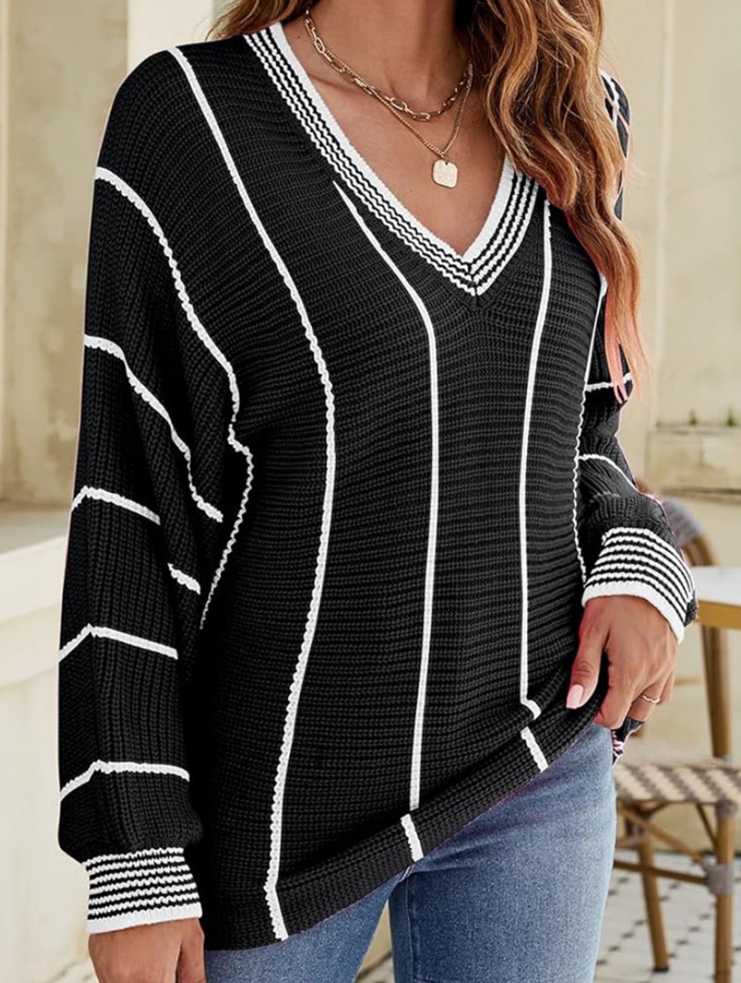 V-neck color-blocked striped pullover sweater