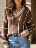 V-neck color-blocked striped pullover sweater
