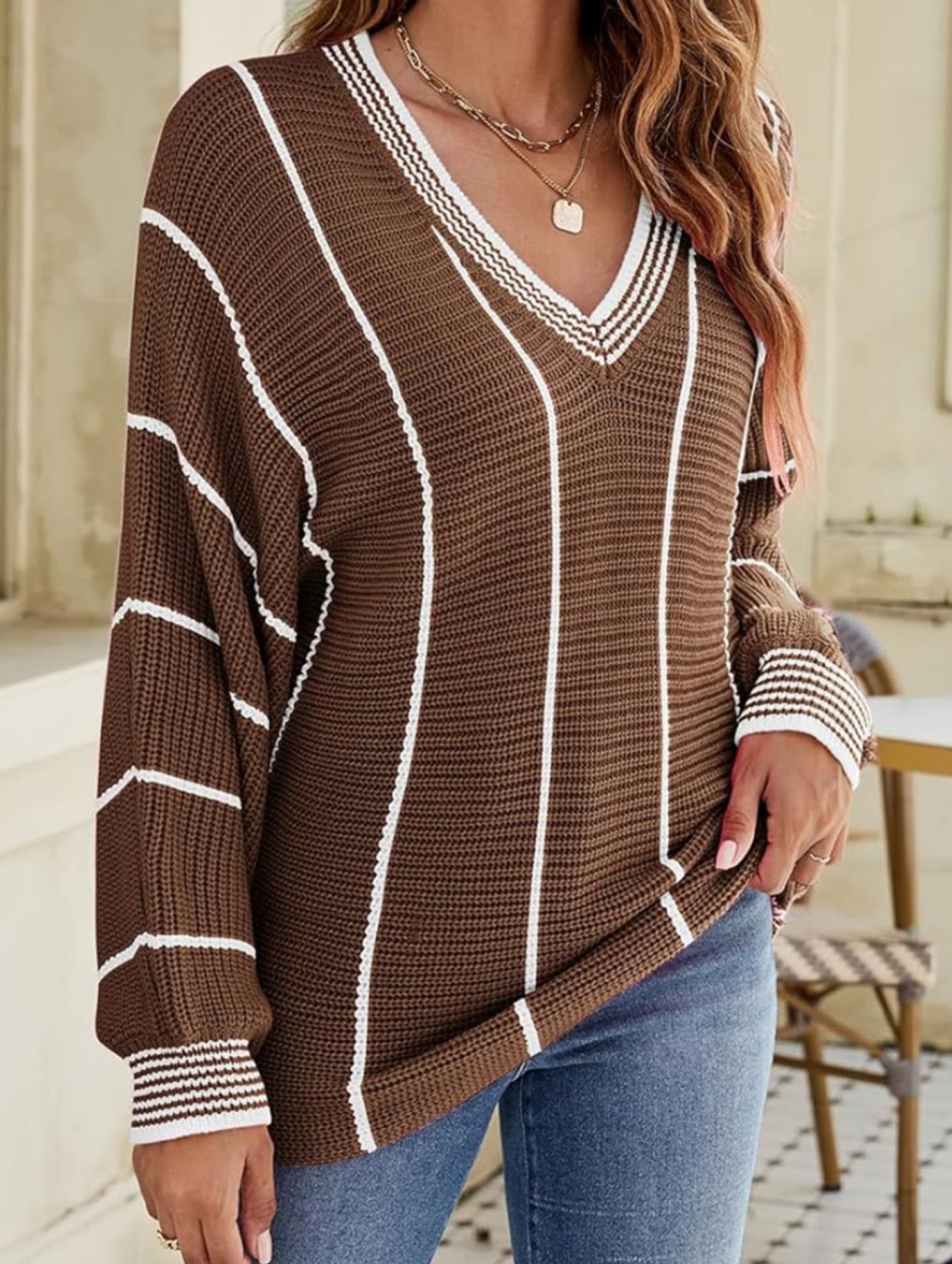 V-neck color-blocked striped pullover sweater