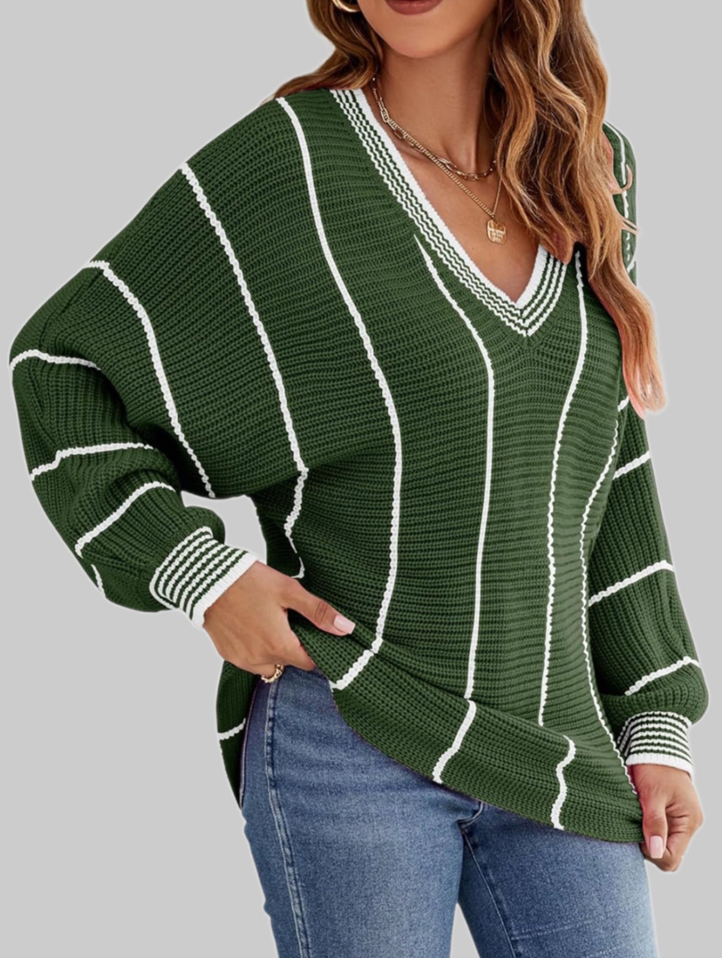 V-neck color-blocked striped pullover sweater
