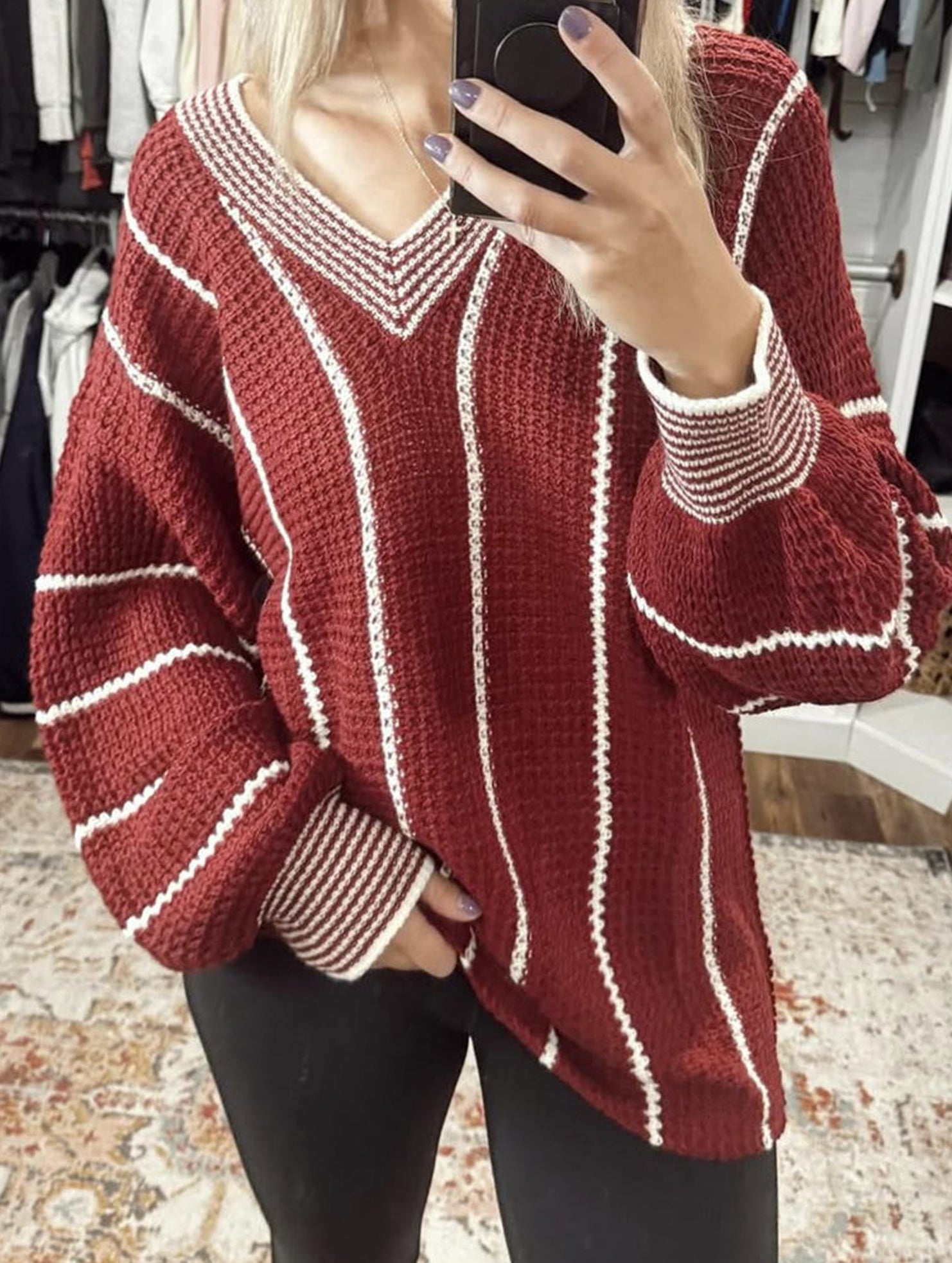 V-neck color-blocked striped pullover sweater
