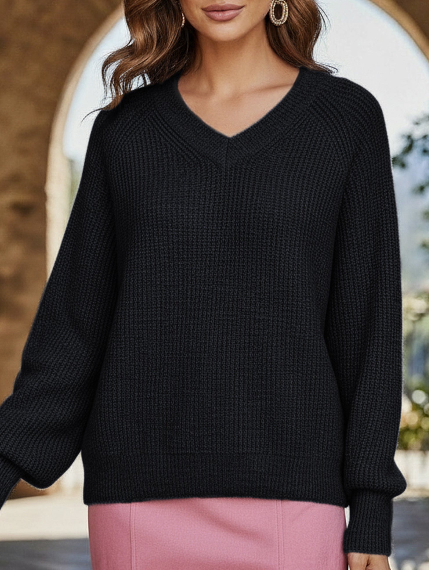 Solid color pullover V-neck sweater