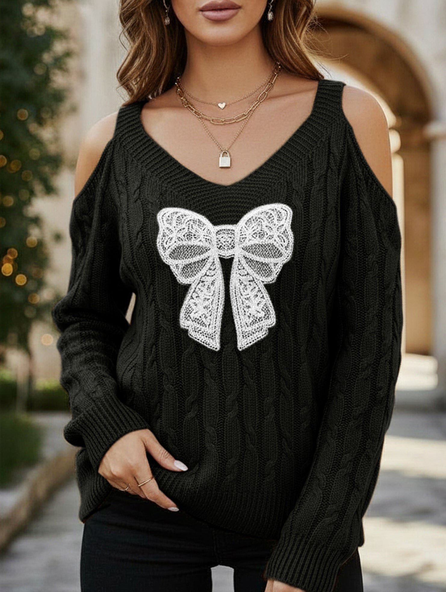 Deep V-neck lace embroidered bow sweater