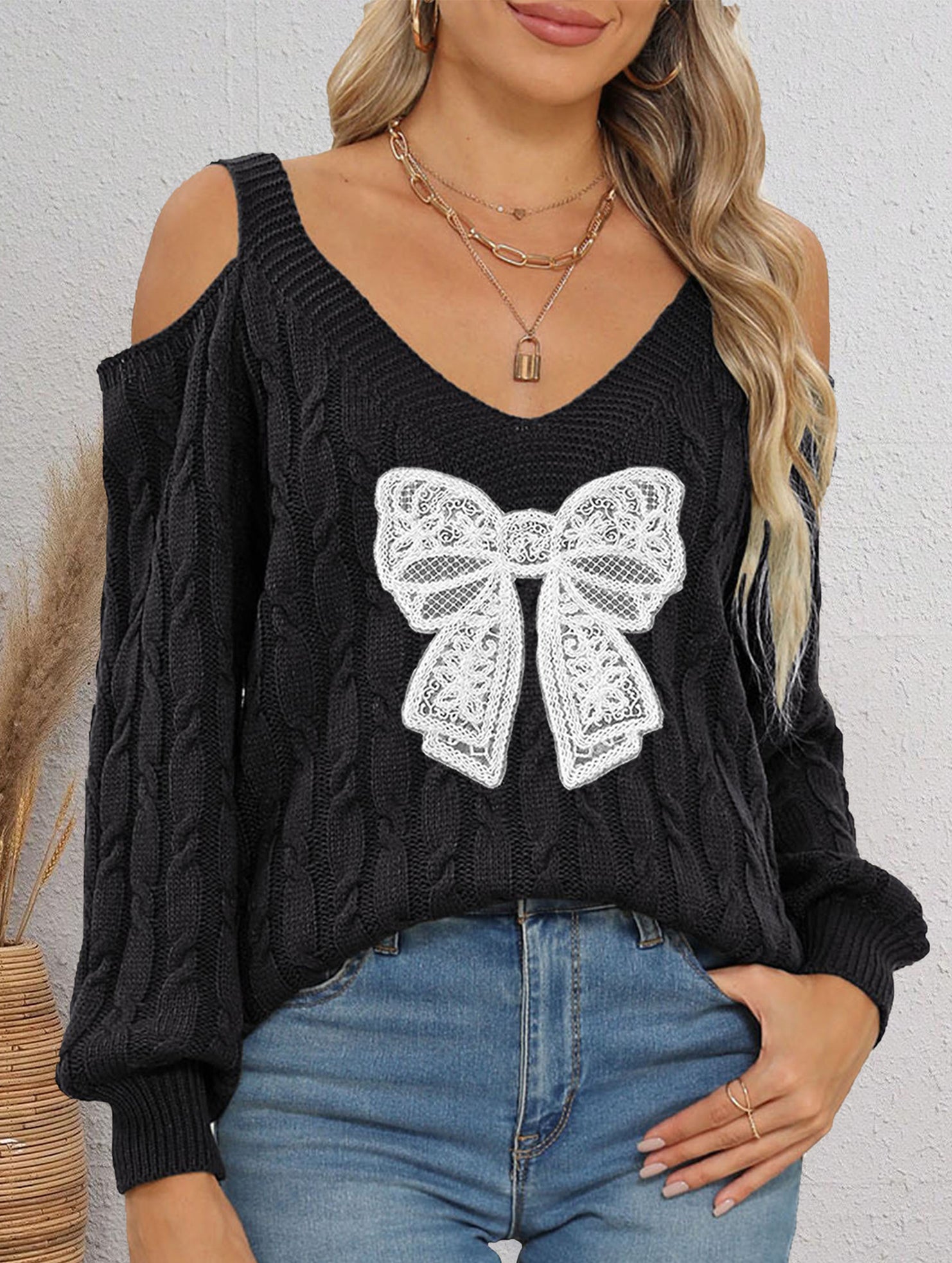 Deep V-neck lace embroidered bow sweater