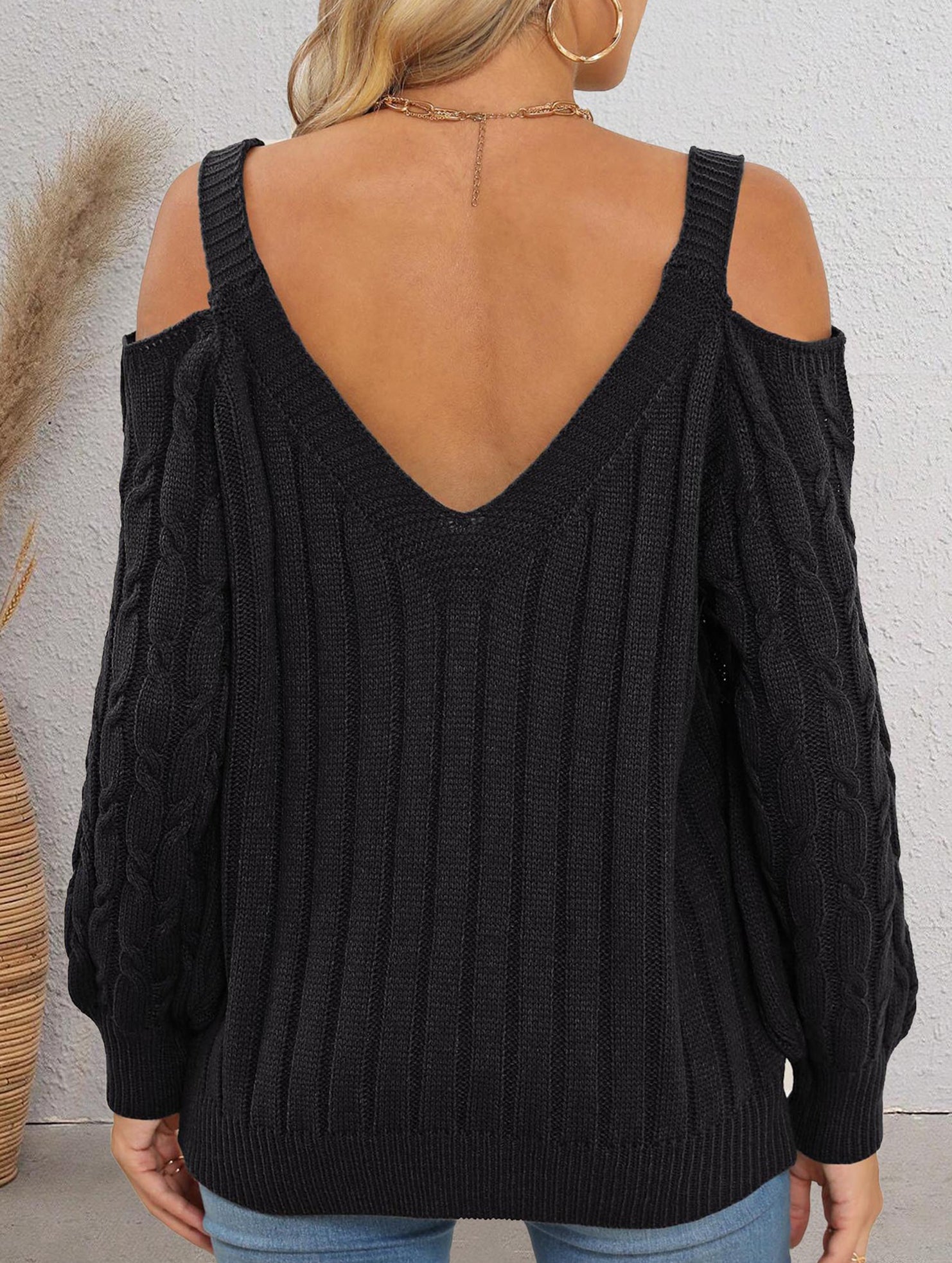 Deep V-neck lace embroidered bow sweater