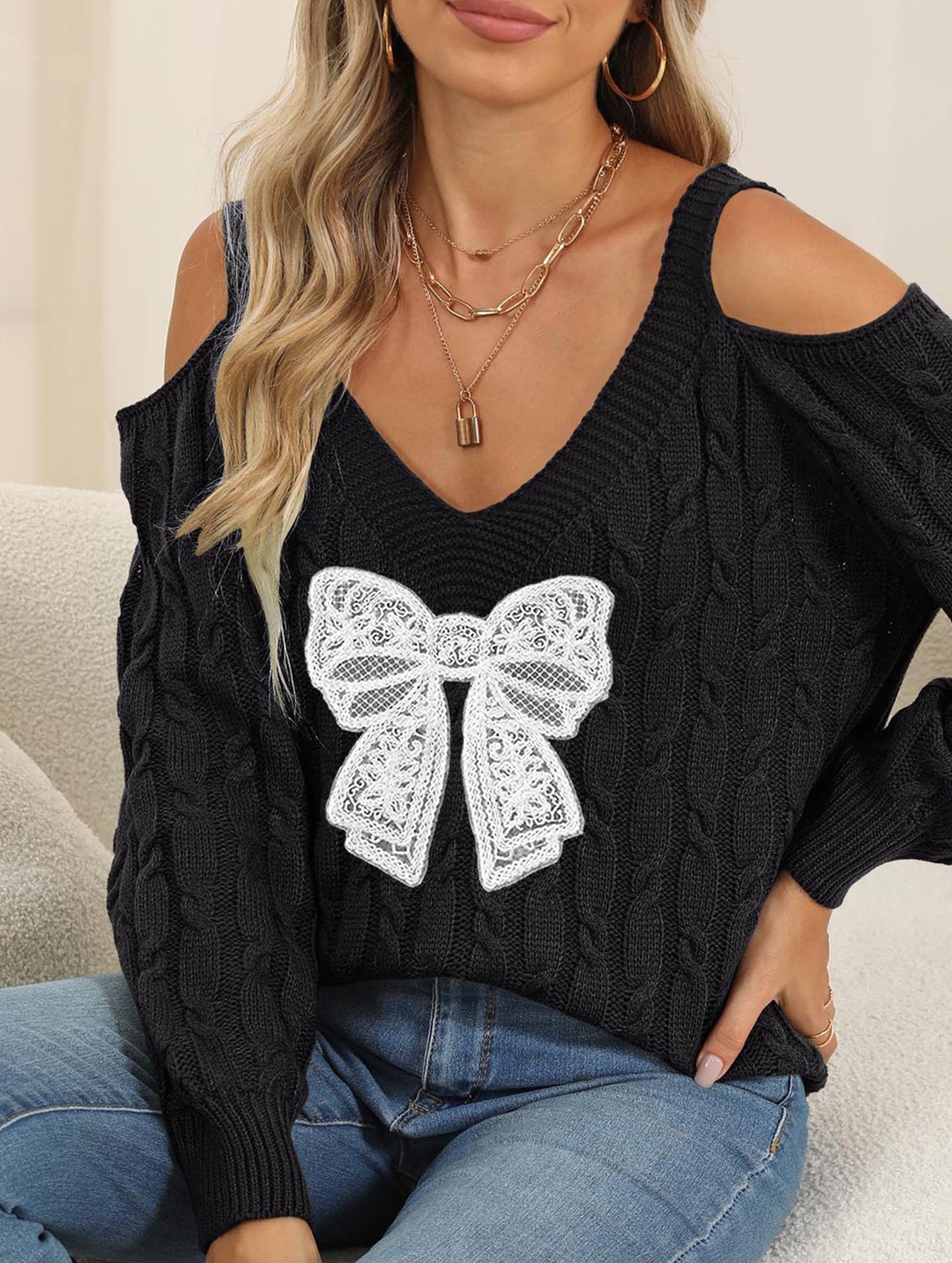 Deep V-neck lace embroidered bow sweater