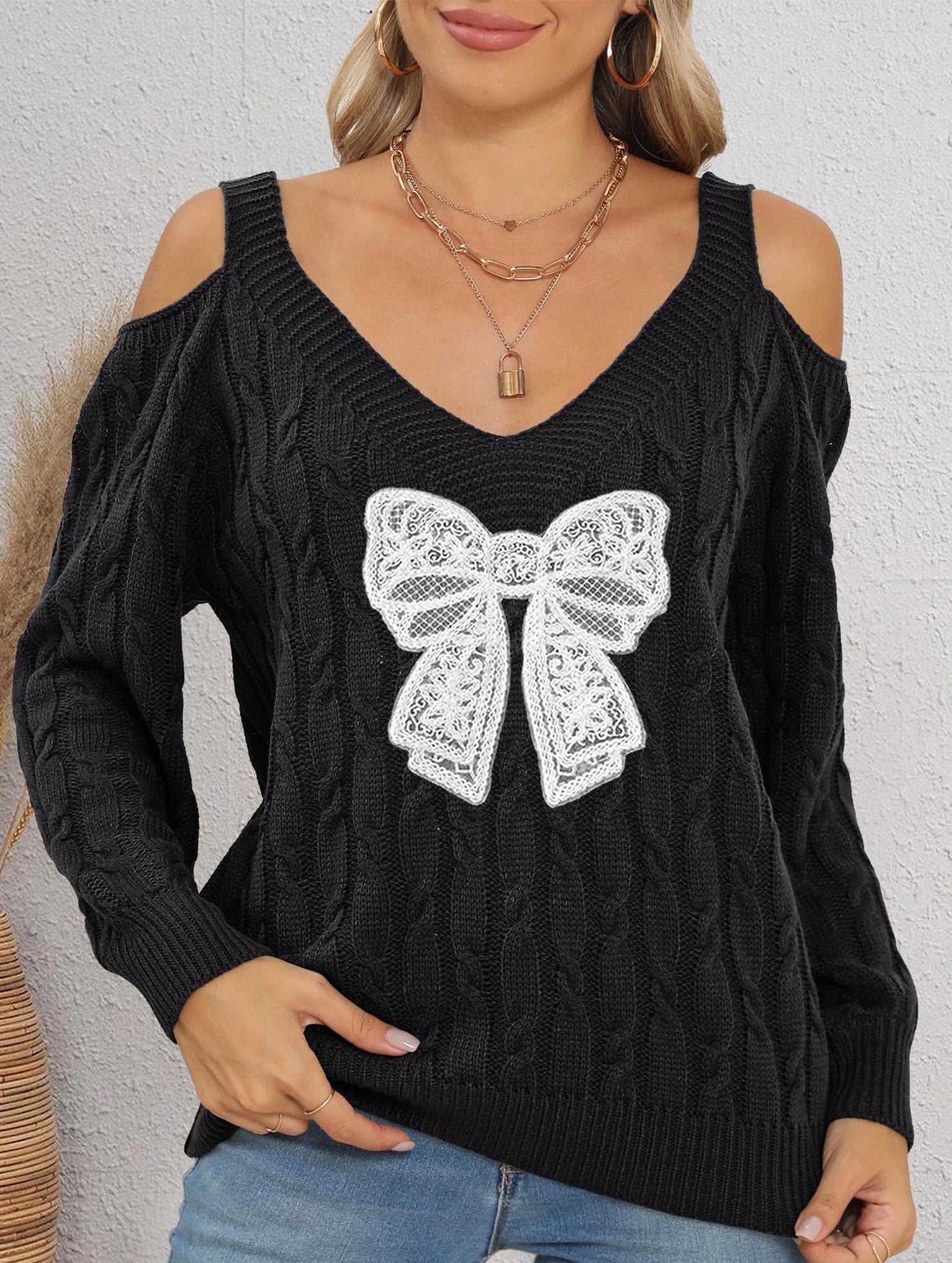 Deep V-neck lace embroidered bow sweater