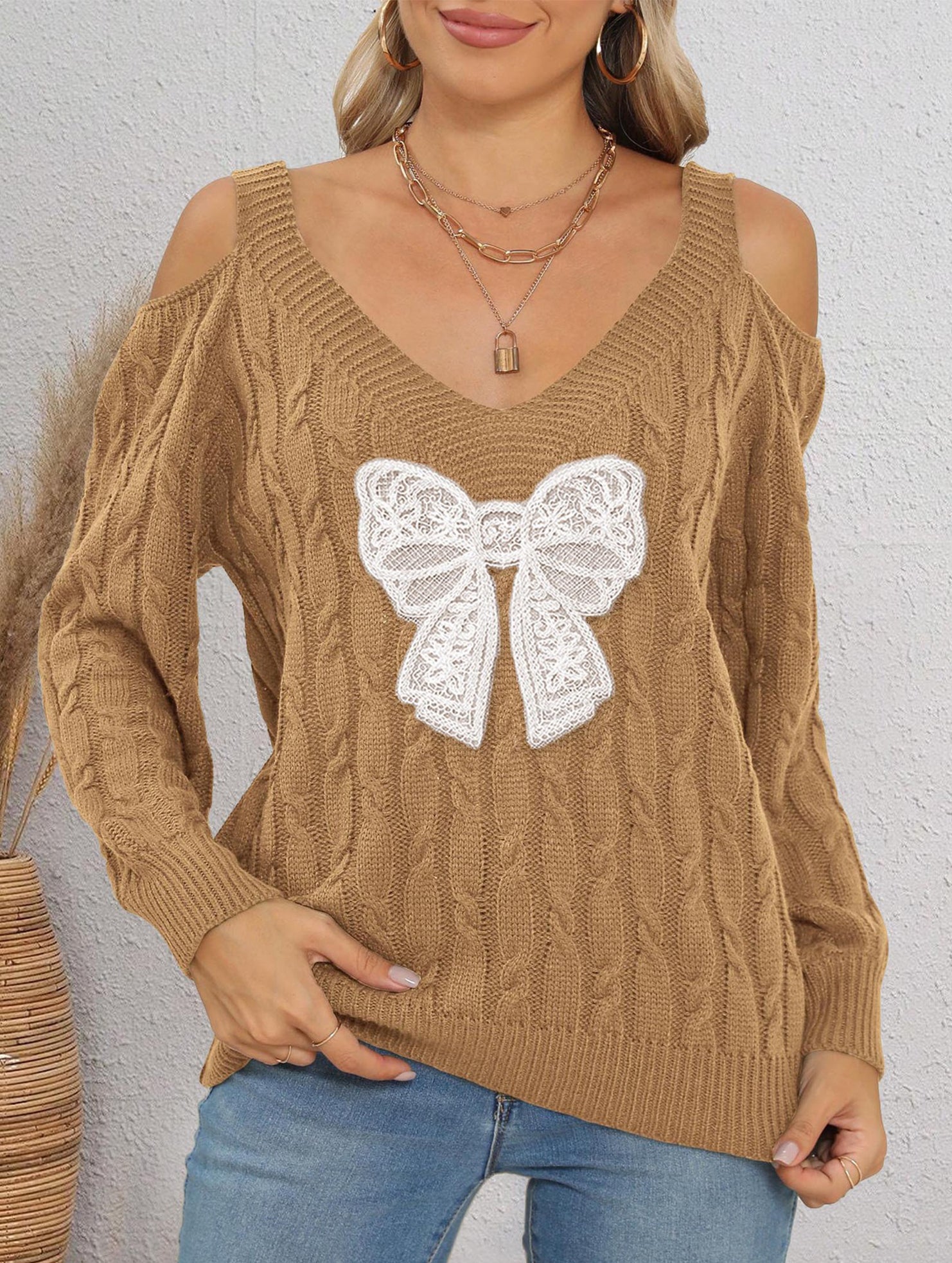 Deep V-neck lace embroidered bow sweater