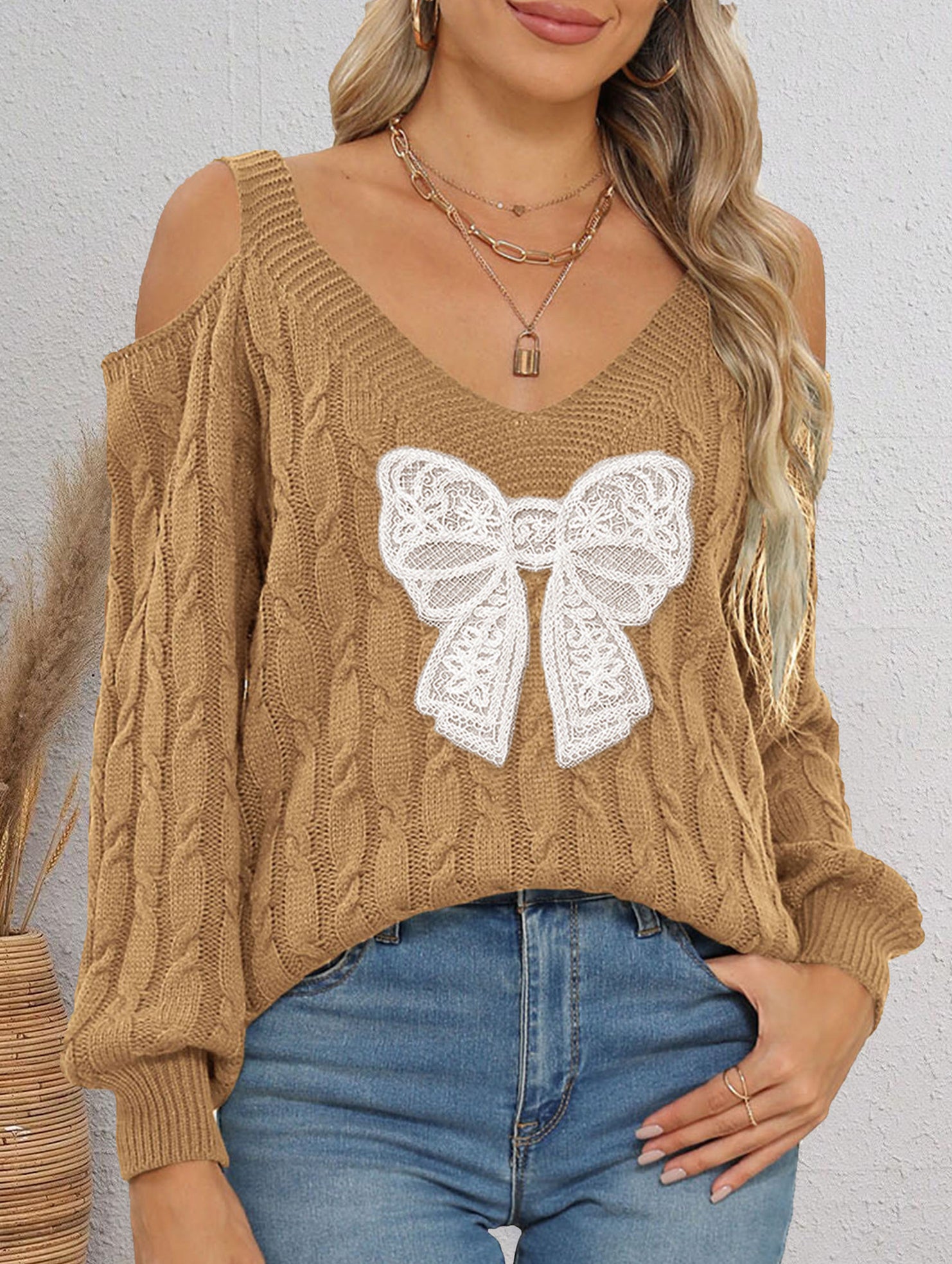 Deep V-neck lace embroidered bow sweater