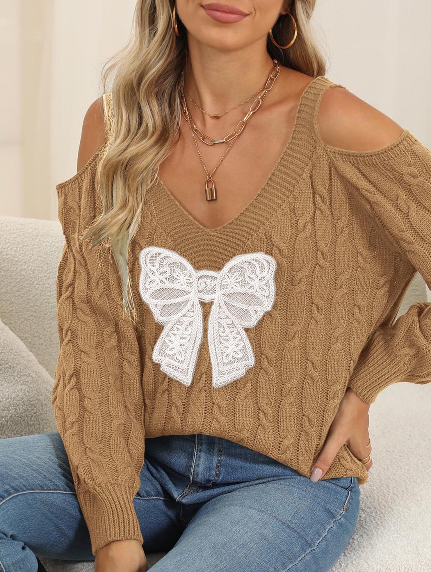 Deep V-neck lace embroidered bow sweater