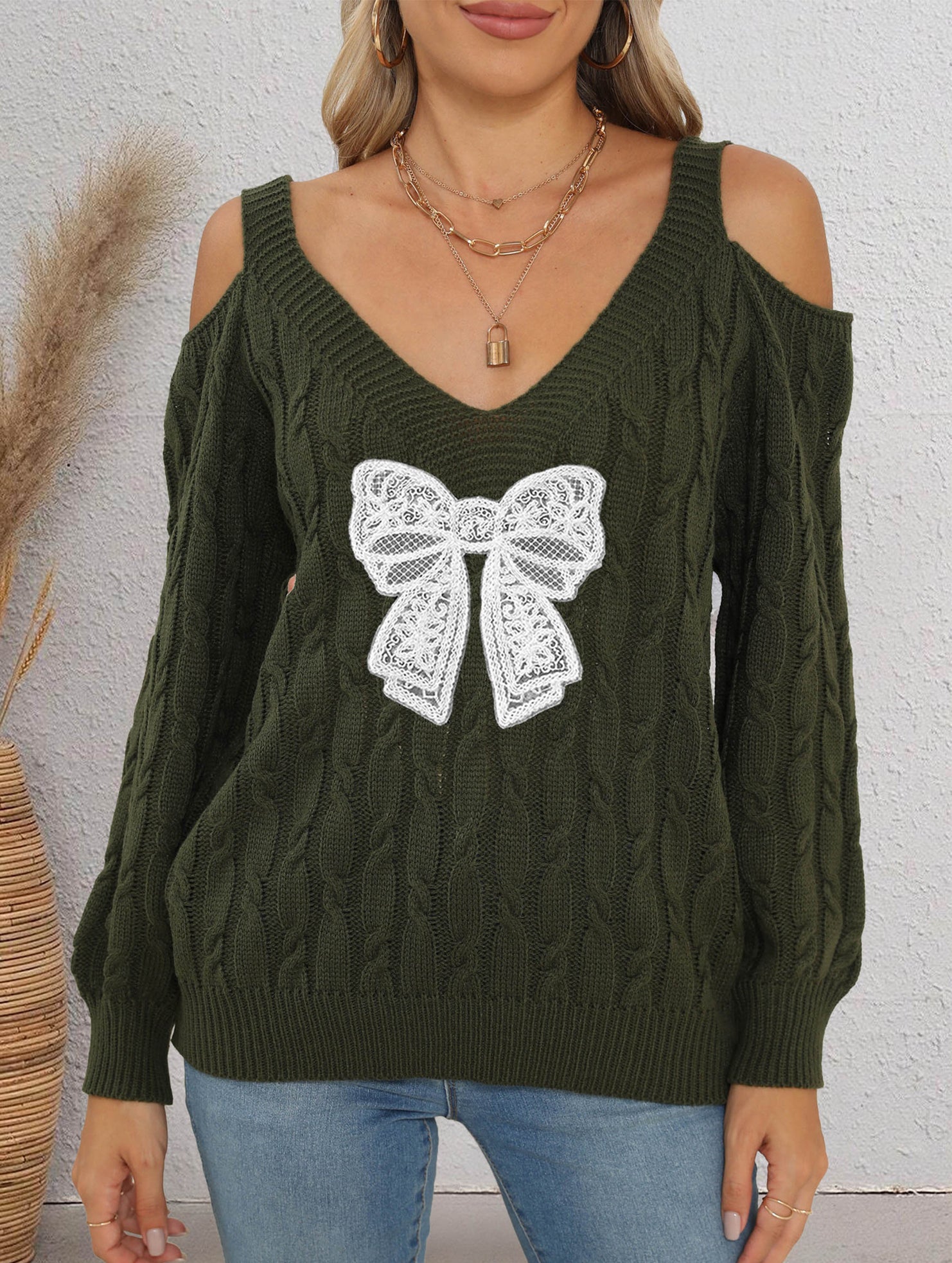 Deep V-neck lace embroidered bow sweater