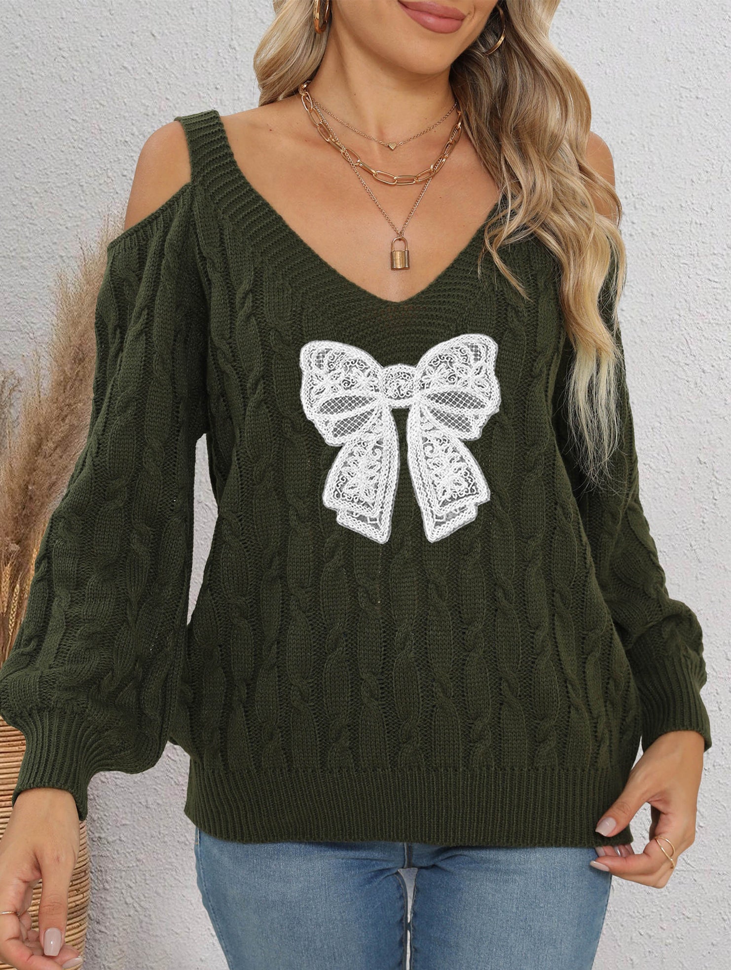 Deep V-neck lace embroidered bow sweater