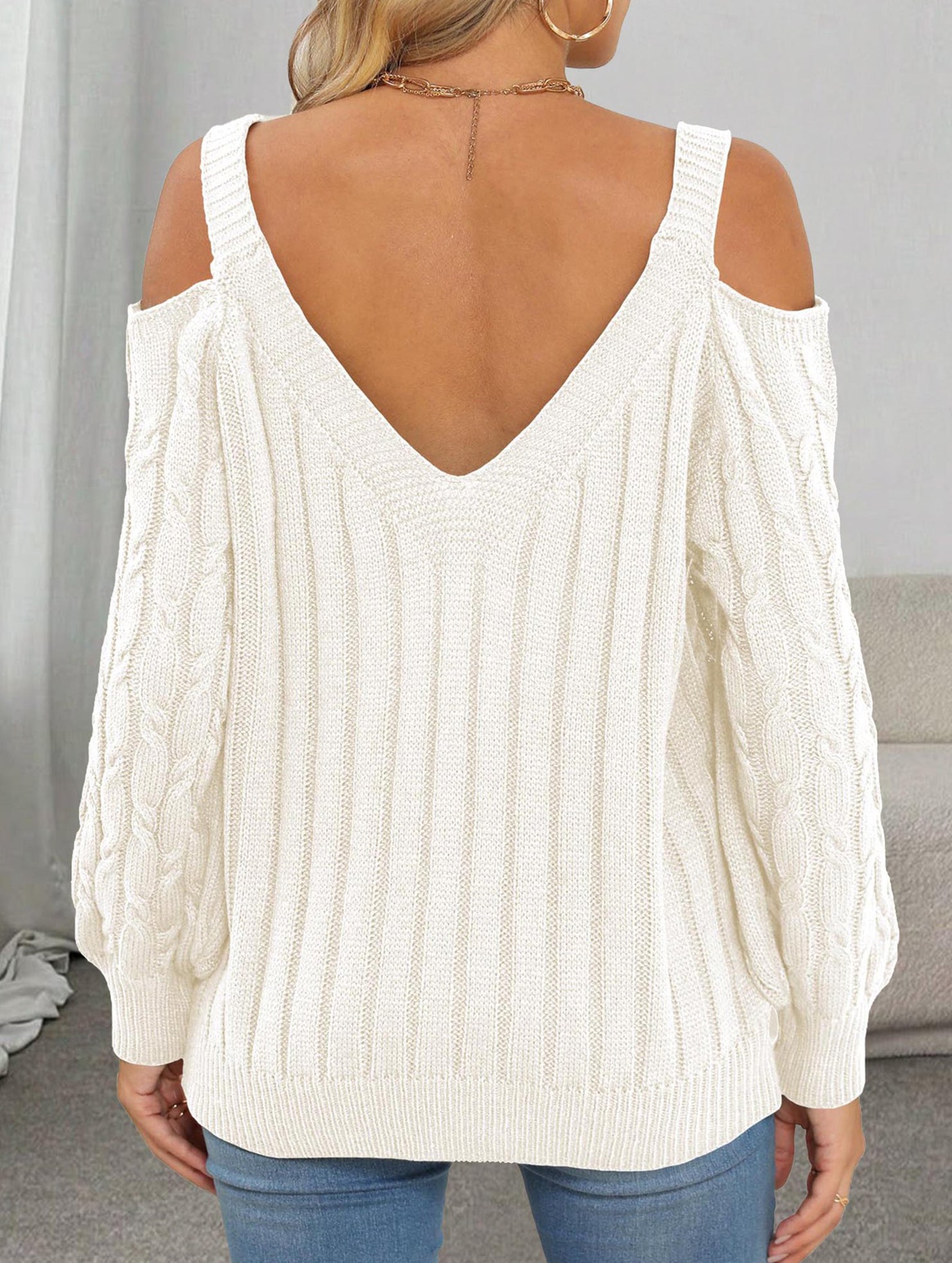 Deep V cable knit camisole off-shoulder sweater