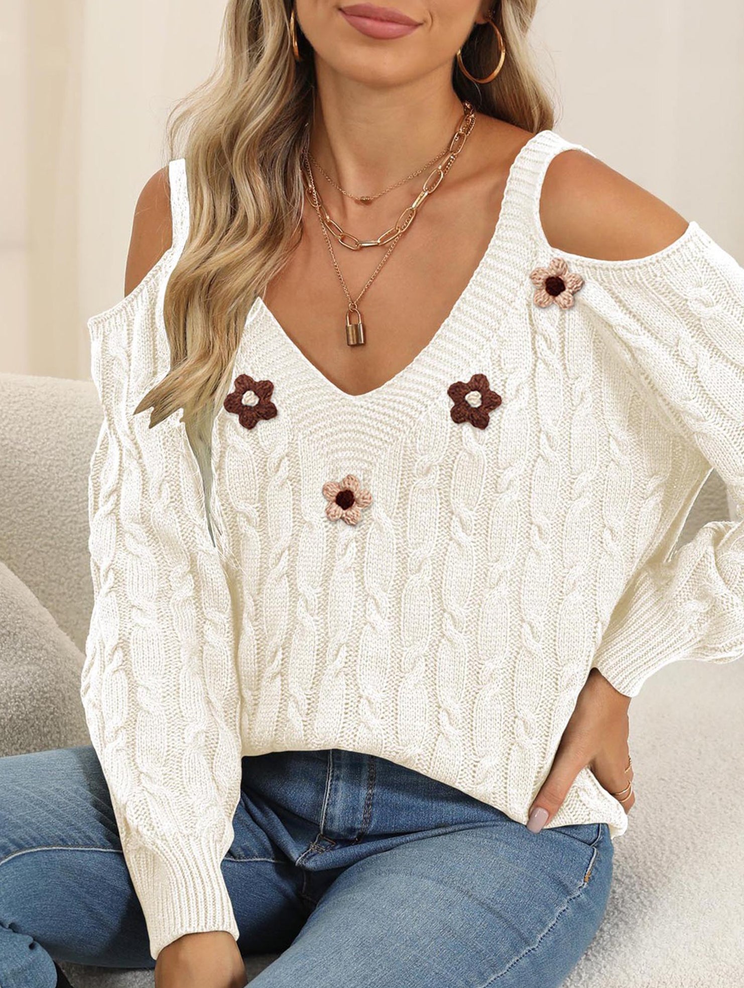 Deep V cable knit camisole off-shoulder sweater