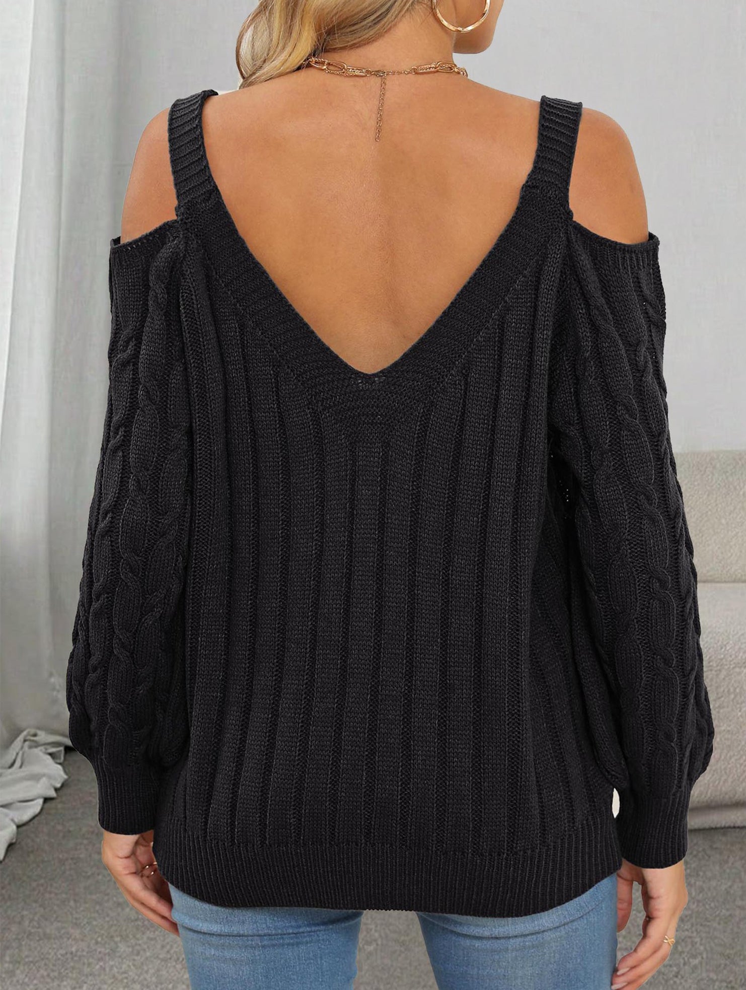Deep V cable knit camisole off-shoulder sweater